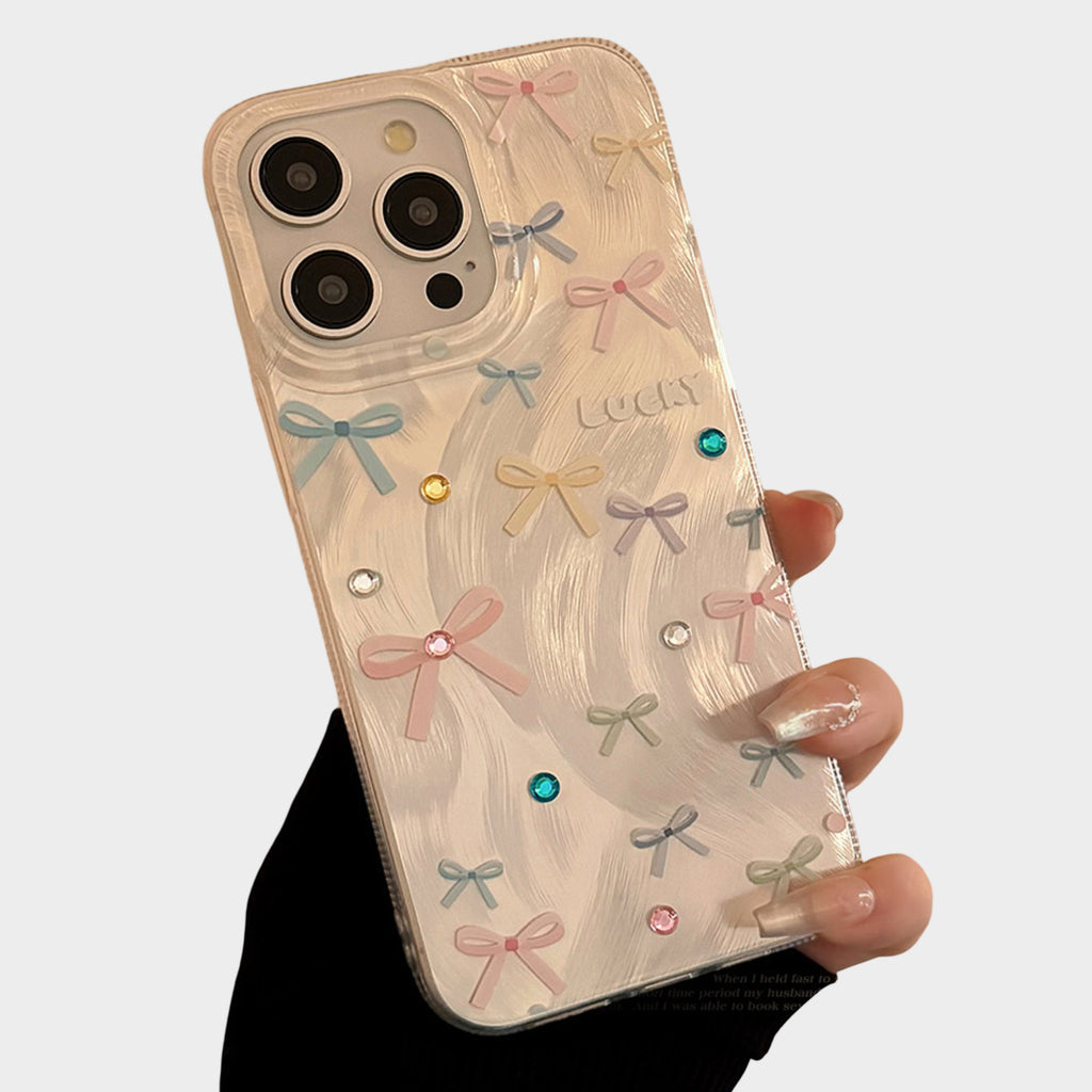 Anna-Kaci Bow Accent Phone Case with Textured Wave Finish and Decorative Crystal Details