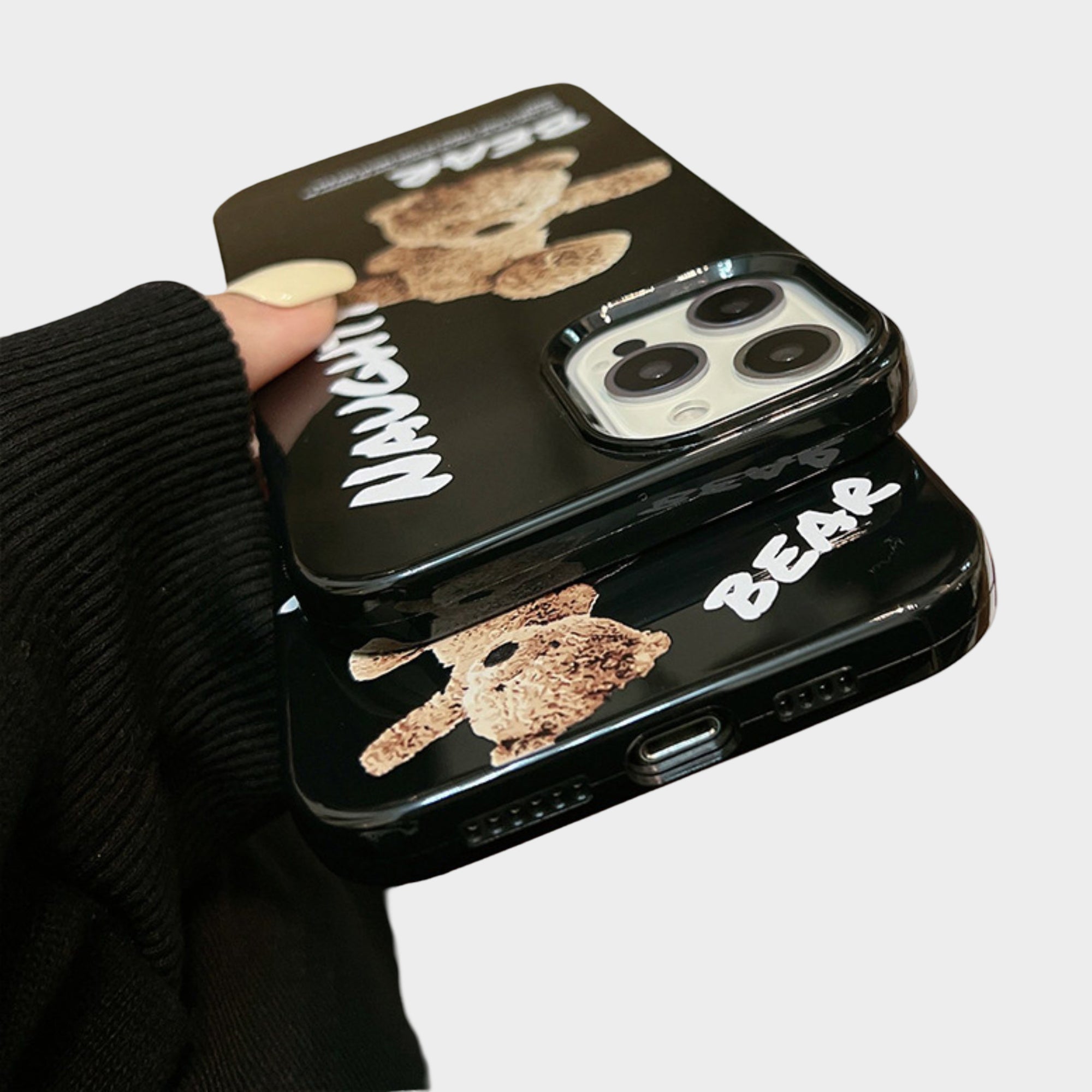 Anna-Kaci Teddy Bear Graphic Phone Case with Glossy Black Finish and Printed Text Design