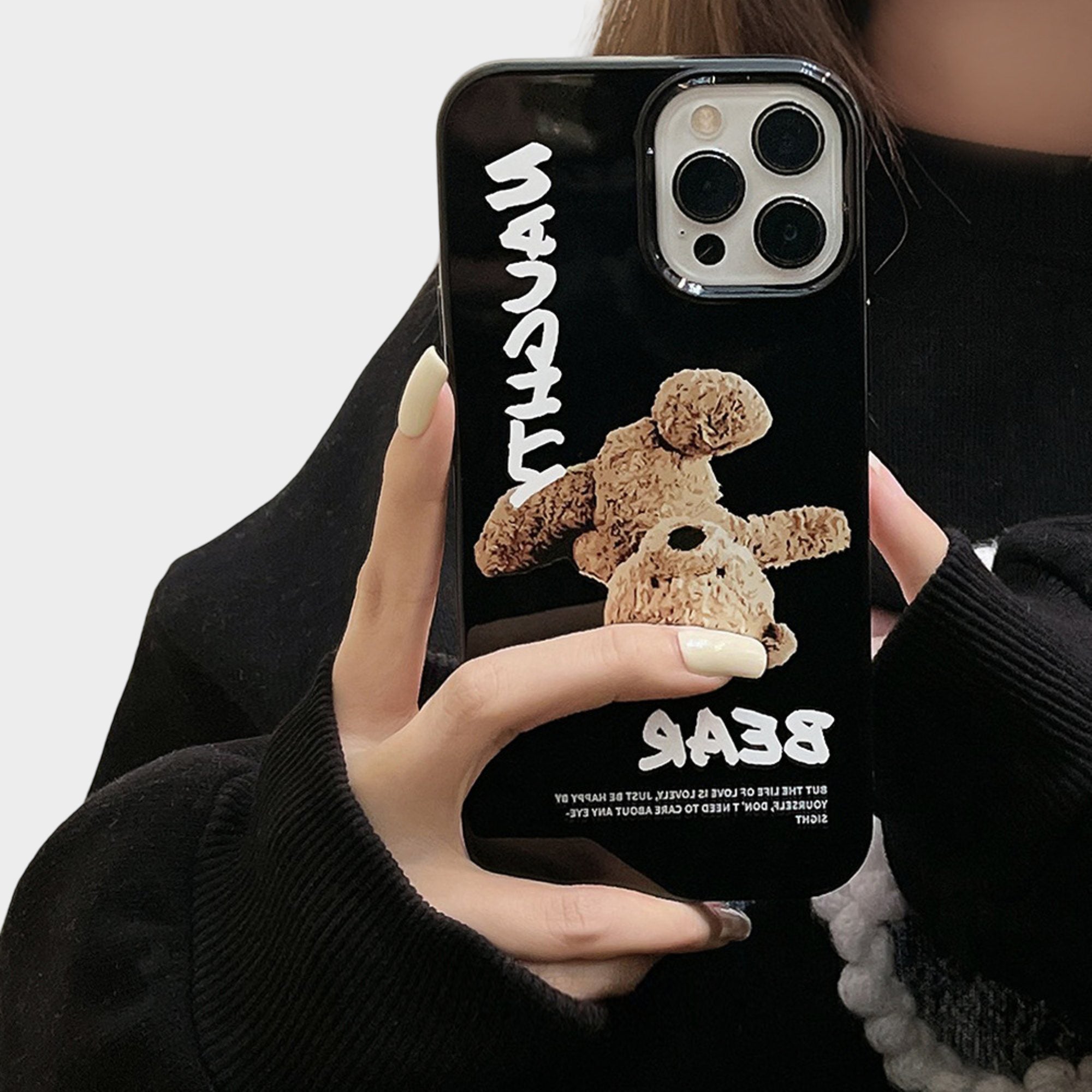 Anna-Kaci Teddy Bear Graphic Phone Case with Glossy Black Finish and Printed Text Design