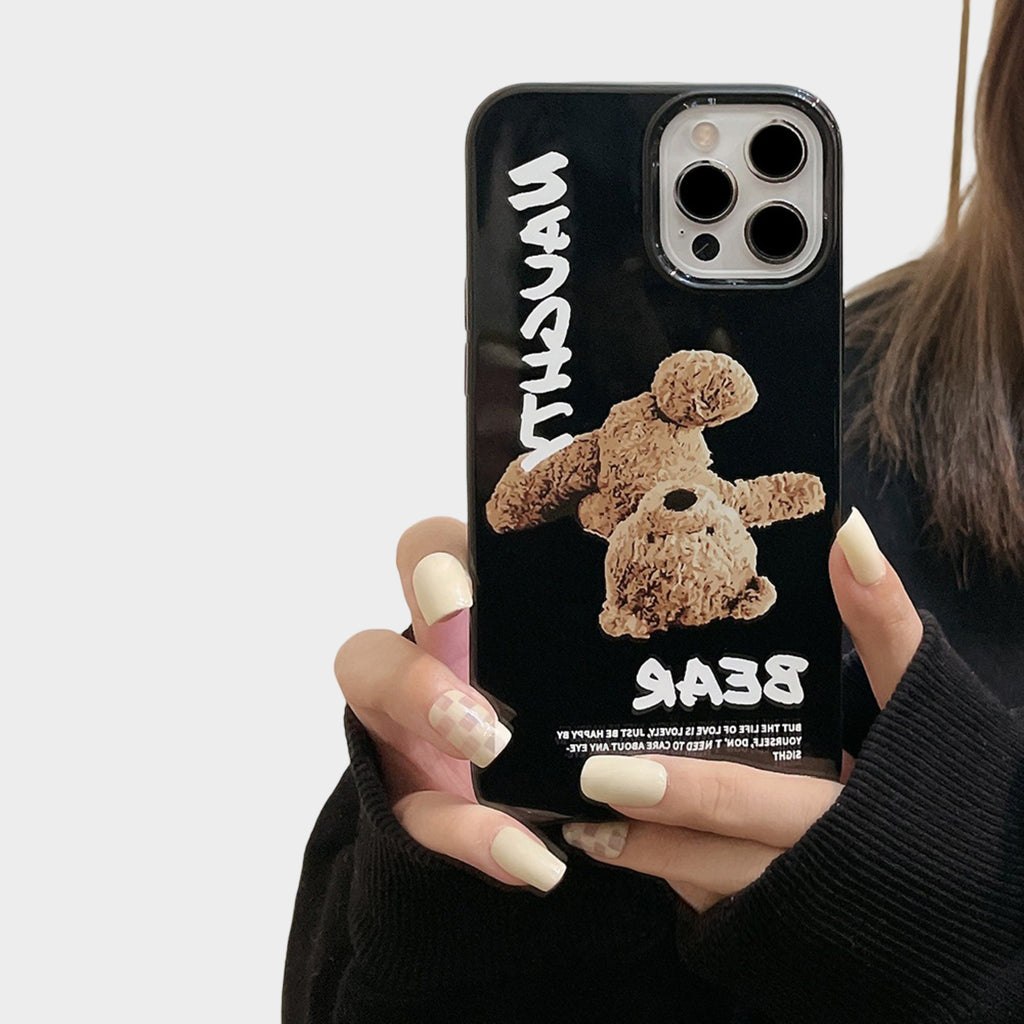 Anna-Kaci Teddy Bear Graphic Phone Case with Glossy Black Finish and Printed Text Design