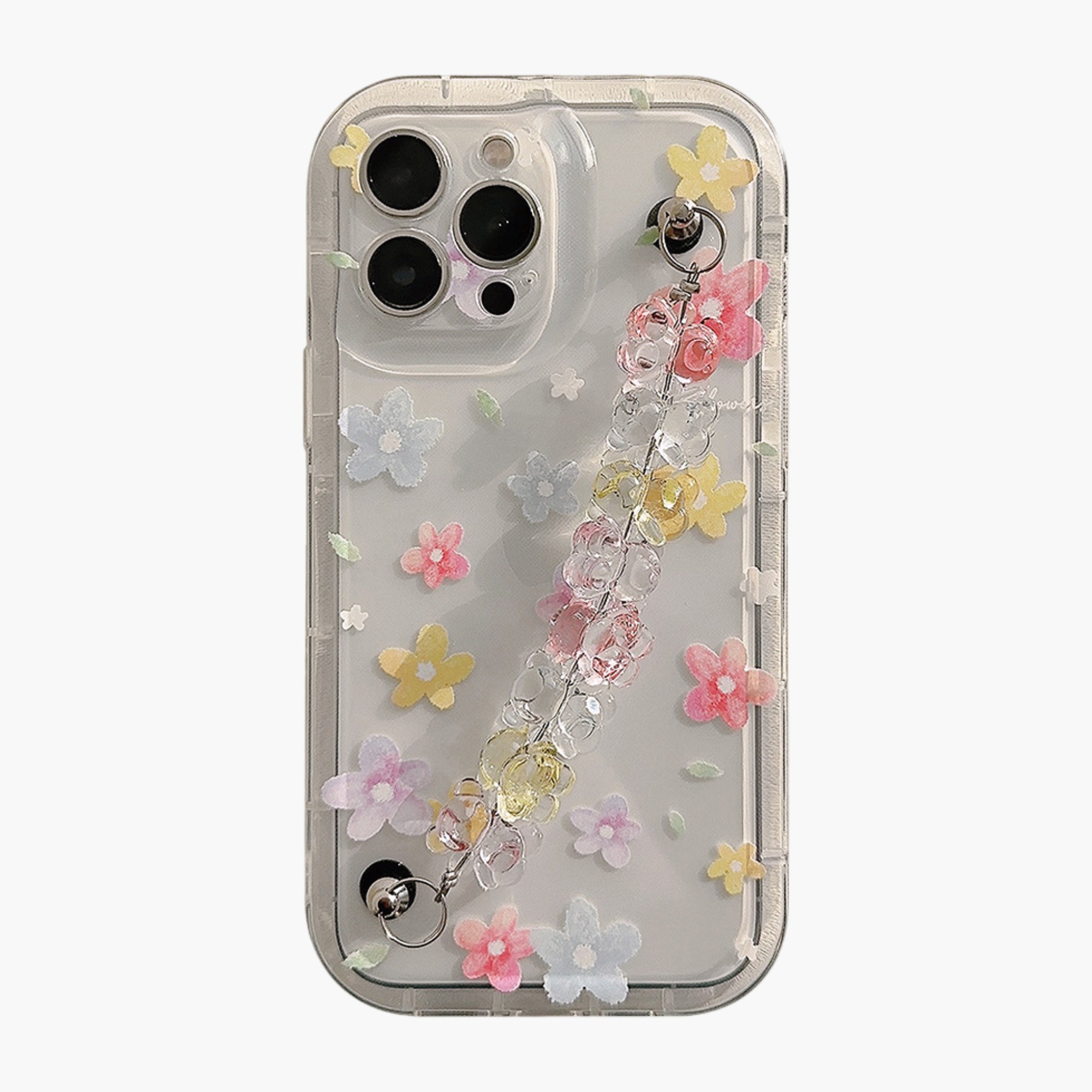 Anna-Kaci Clear Floral Phone Case with Beaded Wrist Strap Raised Flower Applique Design Protective Cover