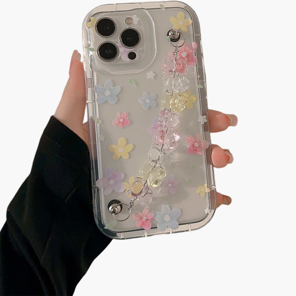 Anna-Kaci Clear Floral Phone Case with Beaded Wrist Strap Raised Flower Applique Design Protective Cover