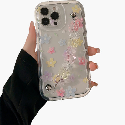 Anna-Kaci Clear Floral Phone Case with Beaded Wrist Strap Raised Flower Applique Design Protective Cover
