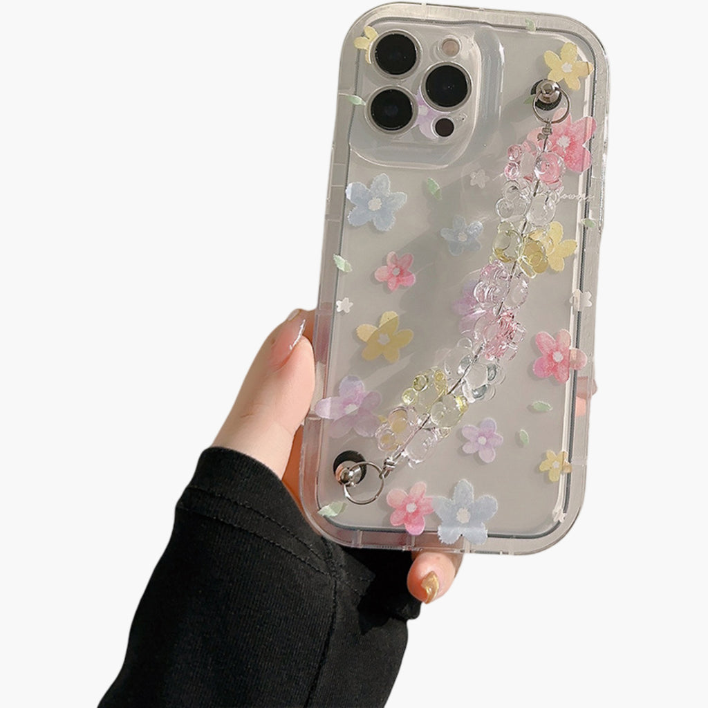 Anna-Kaci Clear Floral Phone Case with Beaded Wrist Strap Raised Flower Applique Design Protective Cover