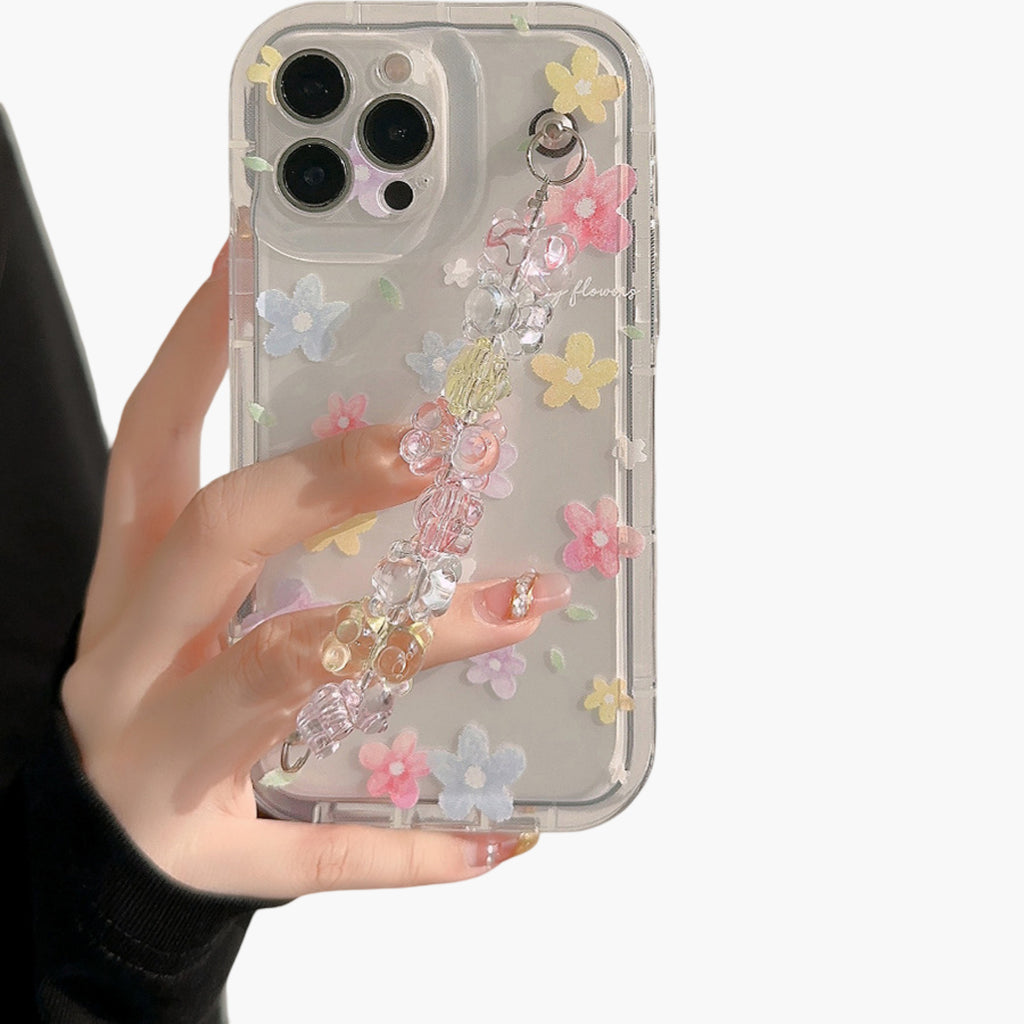 Anna-Kaci Clear Floral Phone Case with Beaded Wrist Strap Raised Flower Applique Design Protective Cover