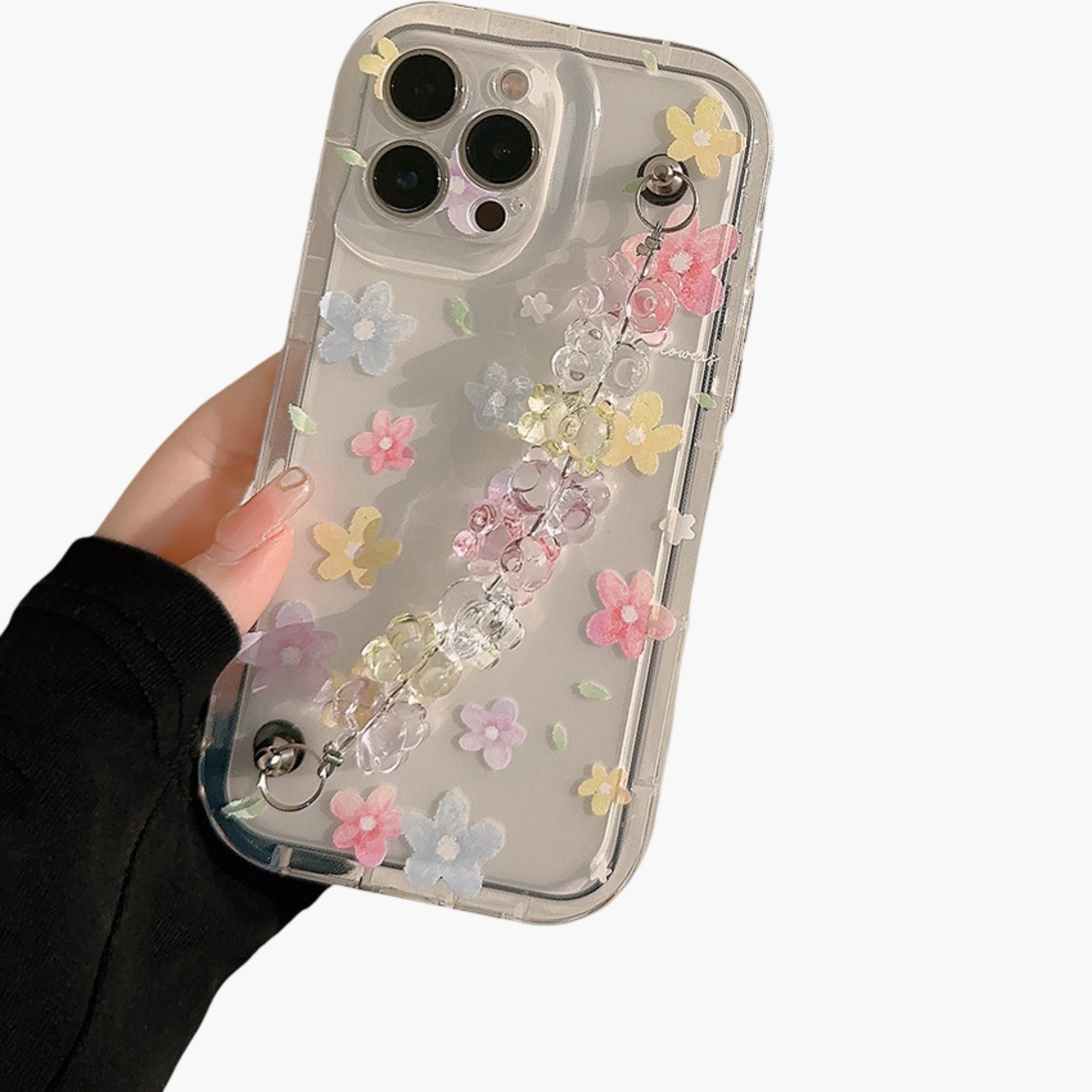 Anna-Kaci Clear Floral Phone Case with Beaded Wrist Strap Raised Flower Applique Design Protective Cover
