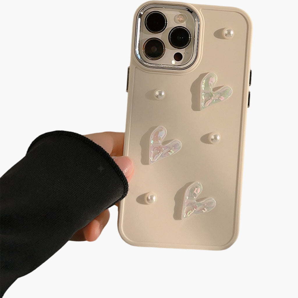 Anna-Kaci Pearl and Heart Embellished Phone Case Raised Iridescent Heart Design Protective Cover