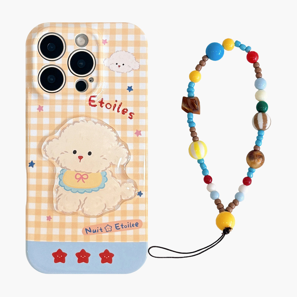 Anna-Kaci Puppy Graphic Phone Case with Beaded Wrist Strap Plaid Pattern Cute Protective Cover