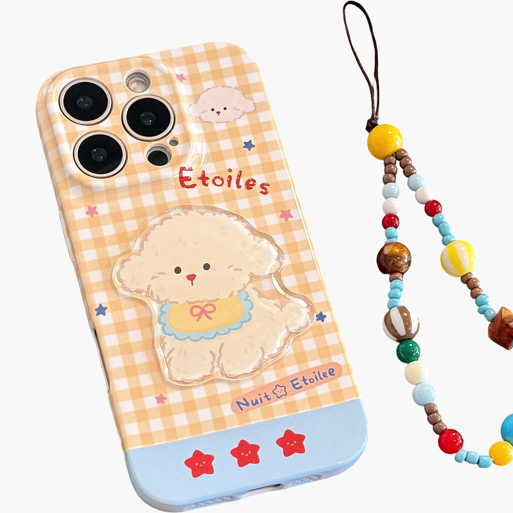 Anna-Kaci Puppy Graphic Phone Case with Beaded Wrist Strap Plaid Pattern Cute Protective Cover