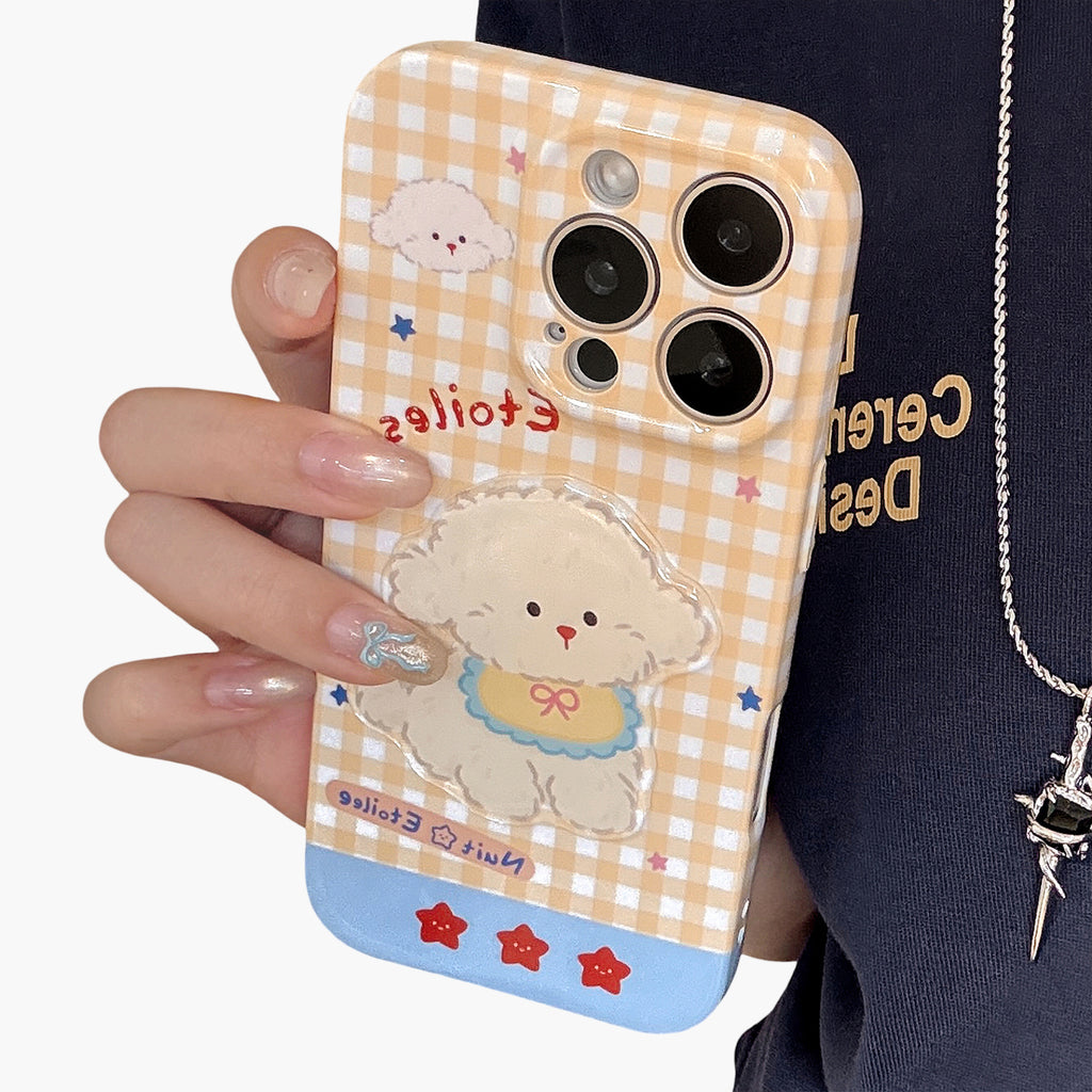 Anna-Kaci Puppy Graphic Phone Case with Beaded Wrist Strap Plaid Pattern Cute Protective Cover