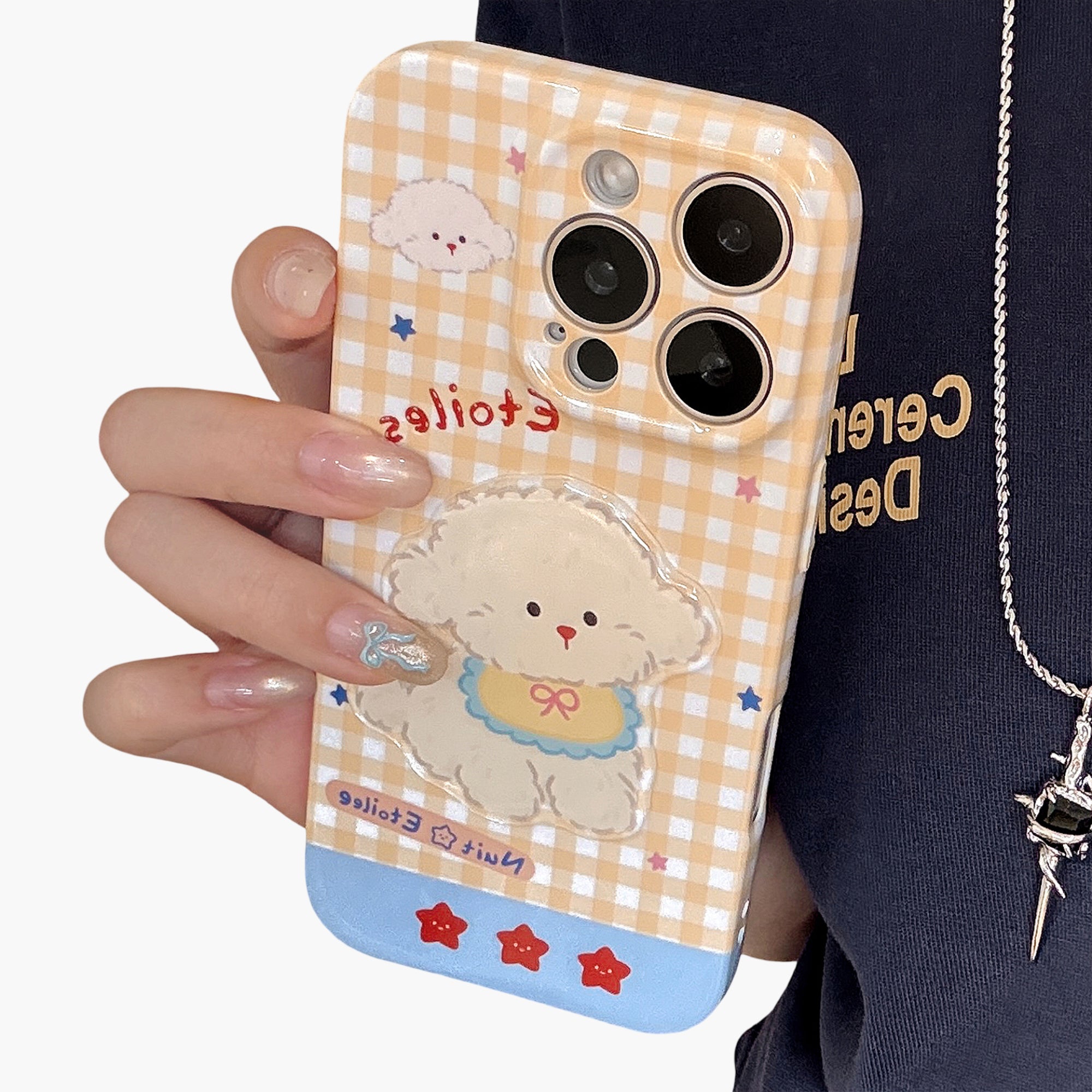 Anna-Kaci Puppy Graphic Phone Case with Beaded Wrist Strap Plaid Pattern Cute Protective Cover