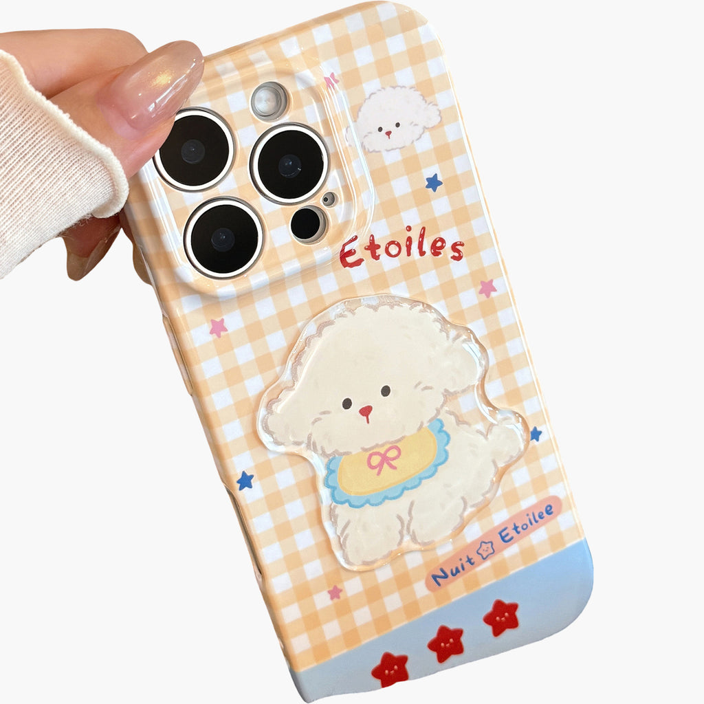 Anna-Kaci Puppy Graphic Phone Case with Beaded Wrist Strap Plaid Pattern Cute Protective Cover