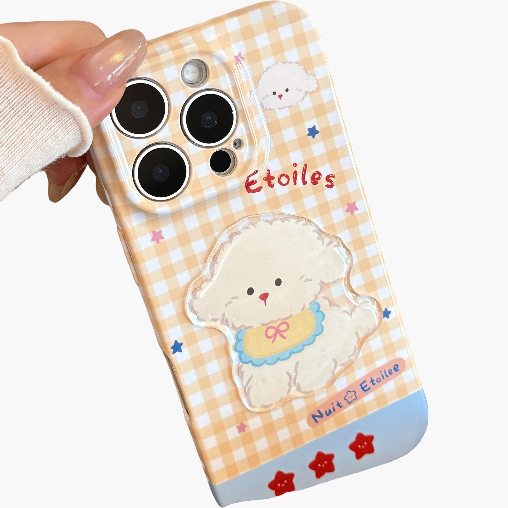 Anna-Kaci Puppy Graphic Phone Case with Beaded Wrist Strap Plaid Pattern Cute Protective Cover