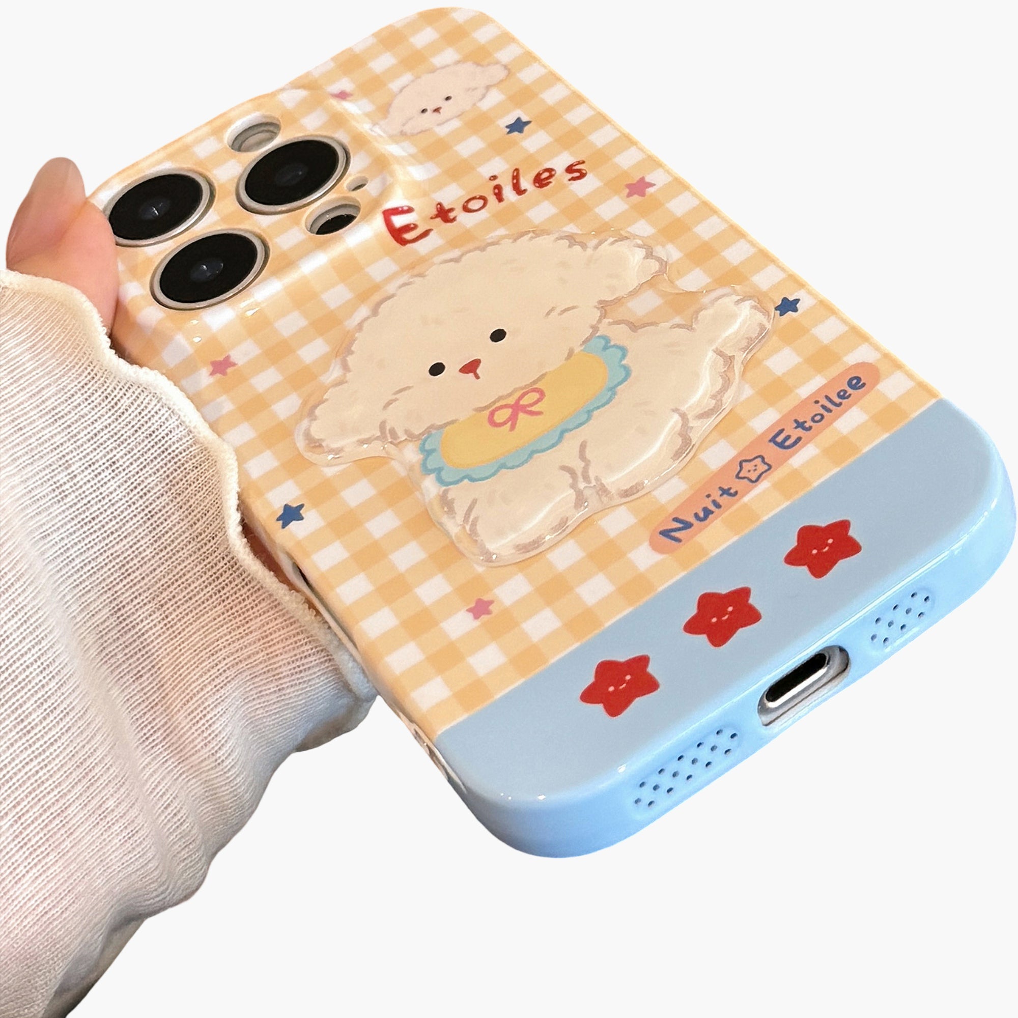 Anna-Kaci Puppy Graphic Phone Case with Beaded Wrist Strap Plaid Pattern Cute Protective Cover