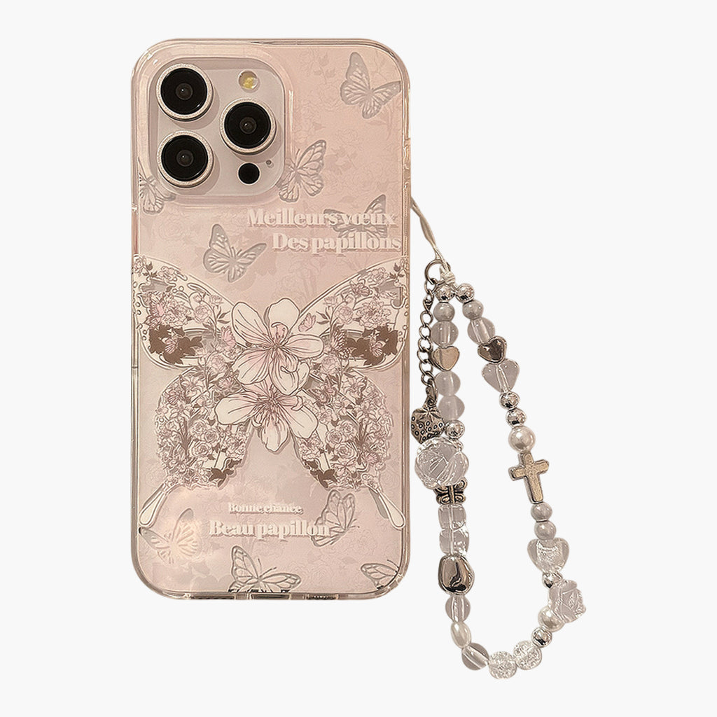 Anna-Kaci Butterfly Floral Phone Case with Beaded Wrist Strap Vintage Style Pattern Protective Cover