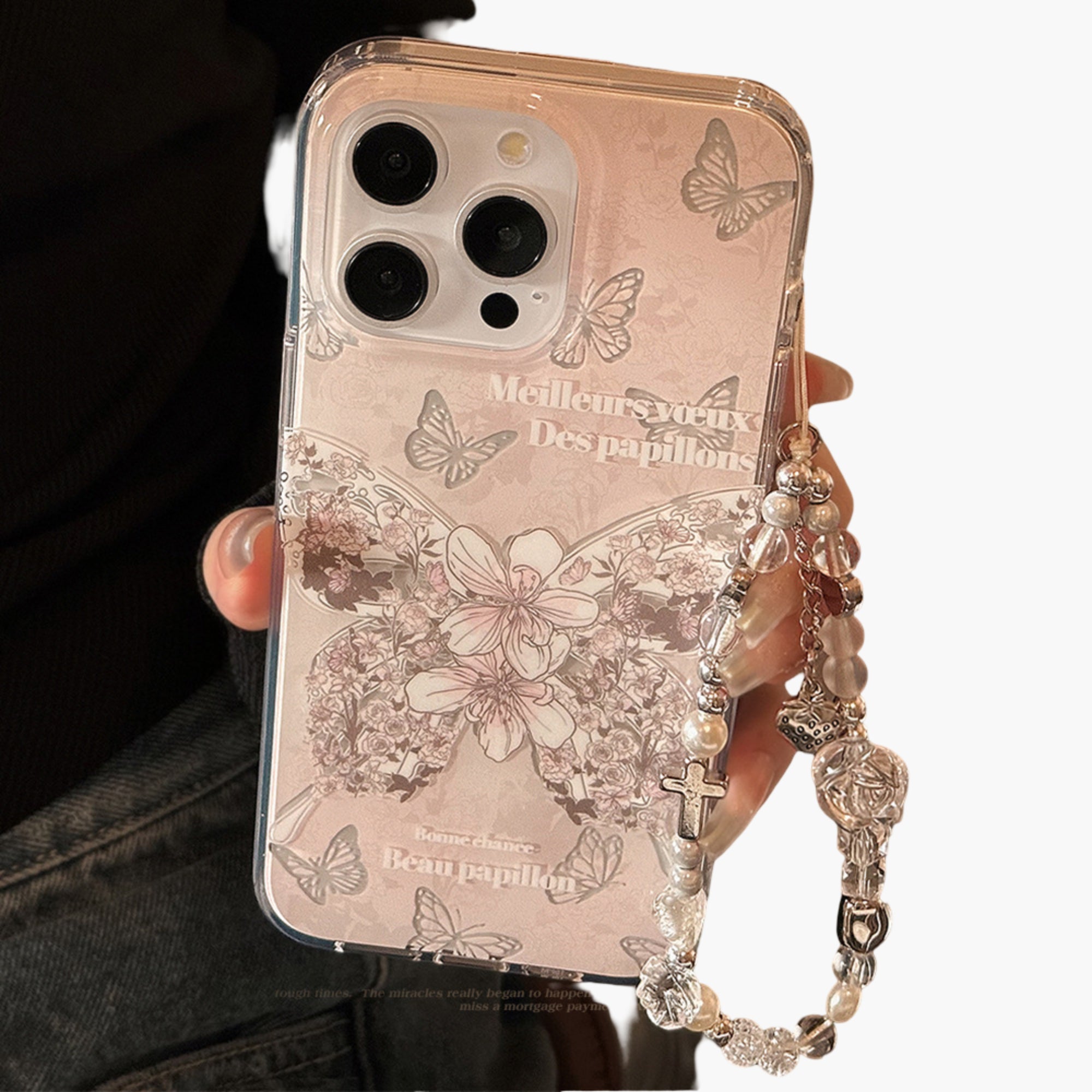 Anna-Kaci Butterfly Floral Phone Case with Beaded Wrist Strap Vintage Style Pattern Protective Cover
