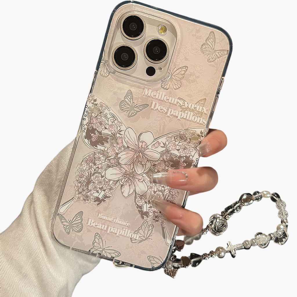 Anna-Kaci Butterfly Floral Phone Case with Beaded Wrist Strap Vintage Style Pattern Protective Cover