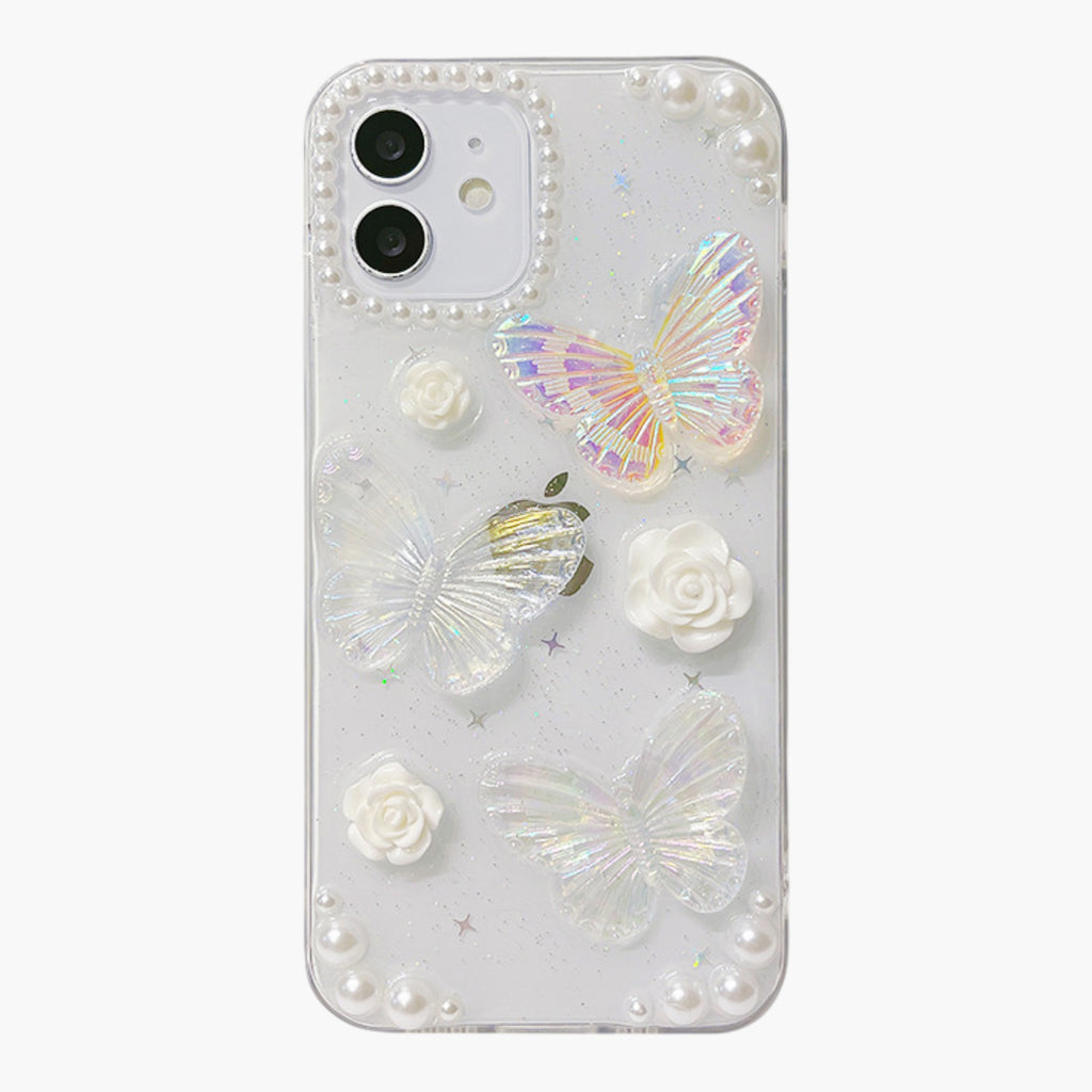 Anna-Kaci Pearl Butterfly Phone Case with 3D Floral Embellishment Glitter Design Protective Cover