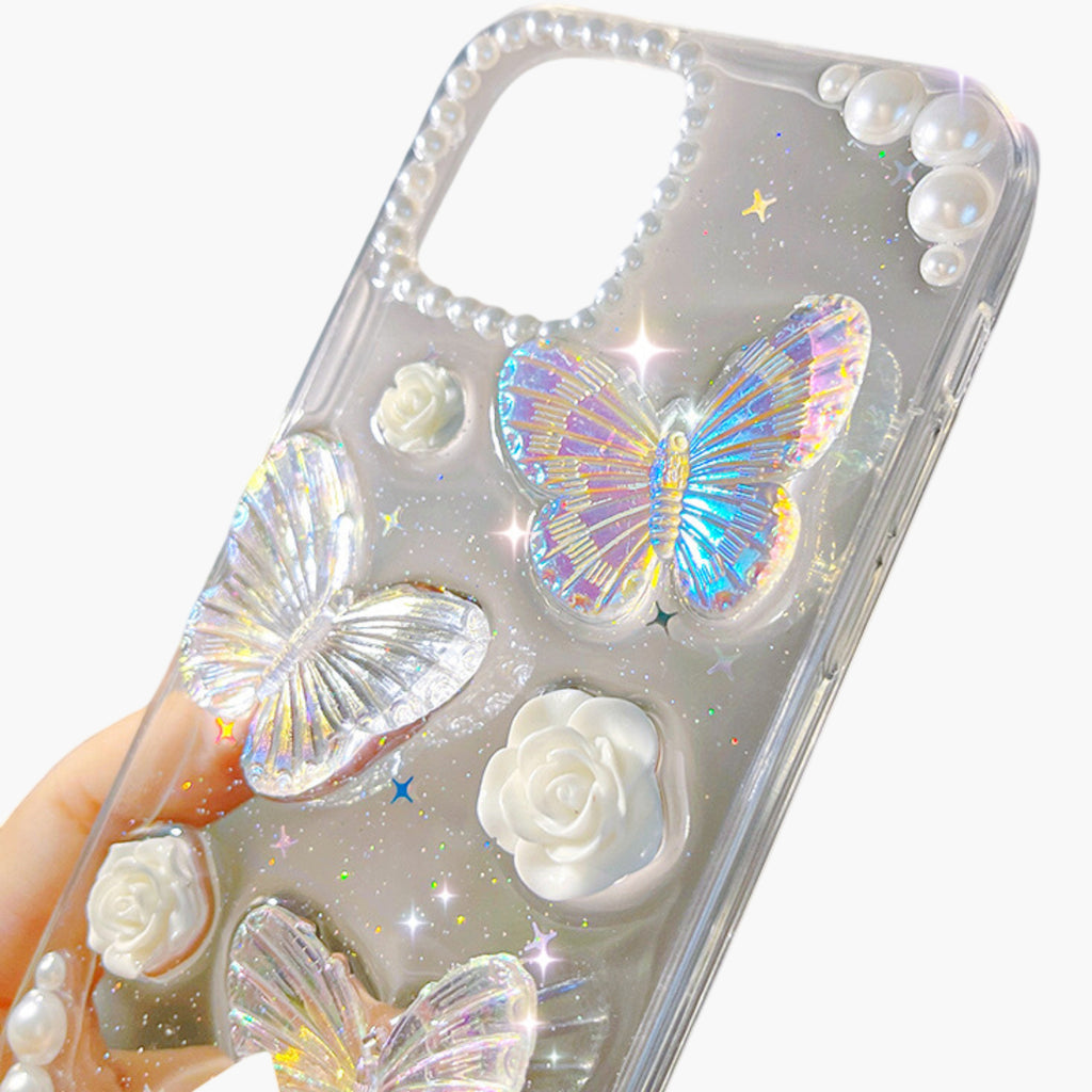 Anna-Kaci Pearl Butterfly Phone Case with 3D Floral Embellishment Glitter Design Protective Cover