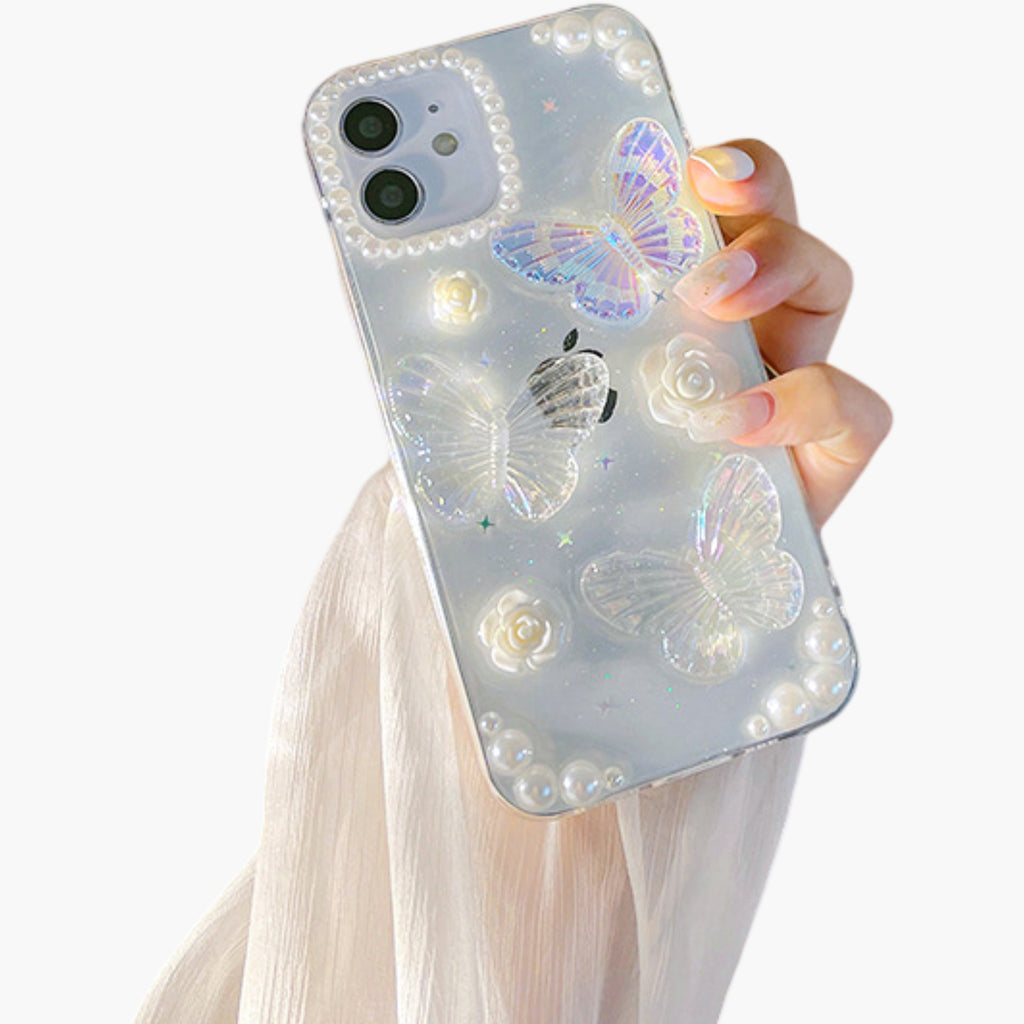 Anna-Kaci Pearl Butterfly Phone Case with 3D Floral Embellishment Glitter Design Protective Cover