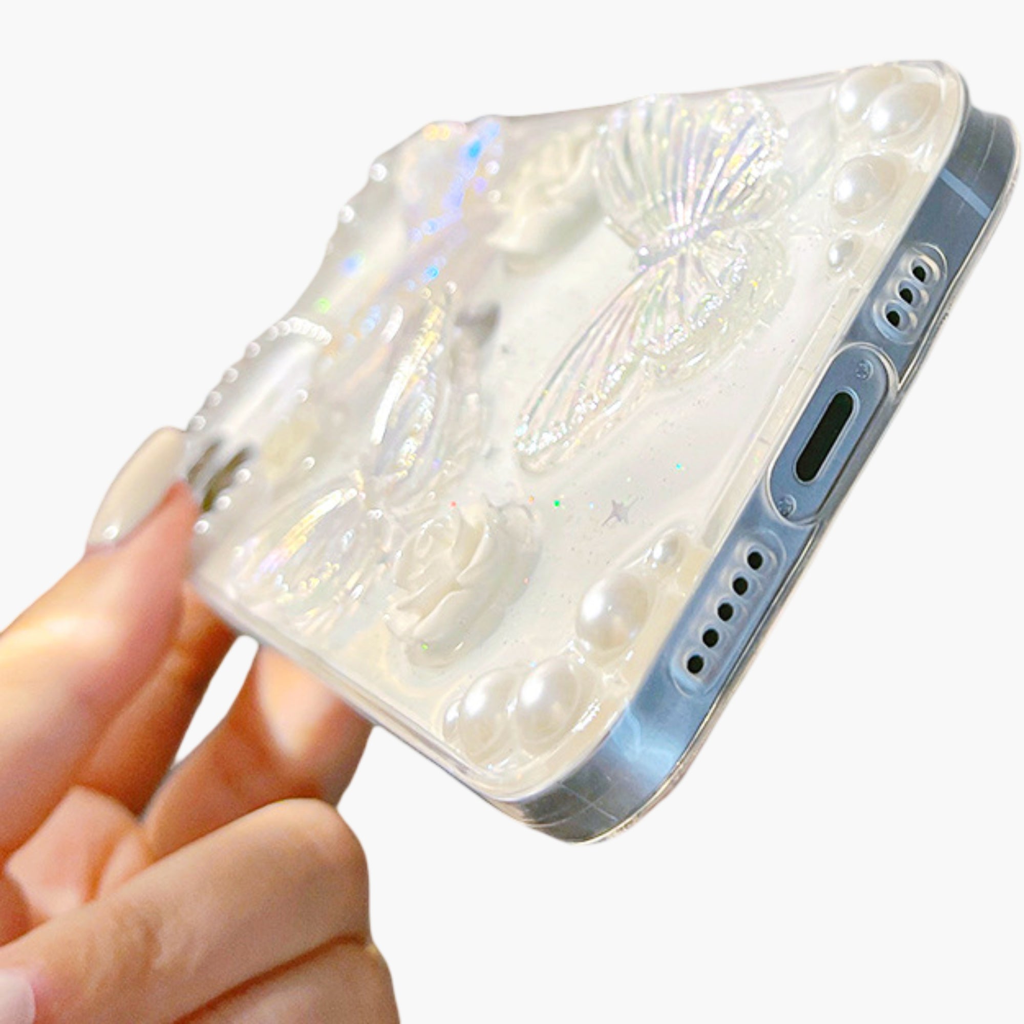 Anna-Kaci Pearl Butterfly Phone Case with 3D Floral Embellishment Glitter Design Protective Cover