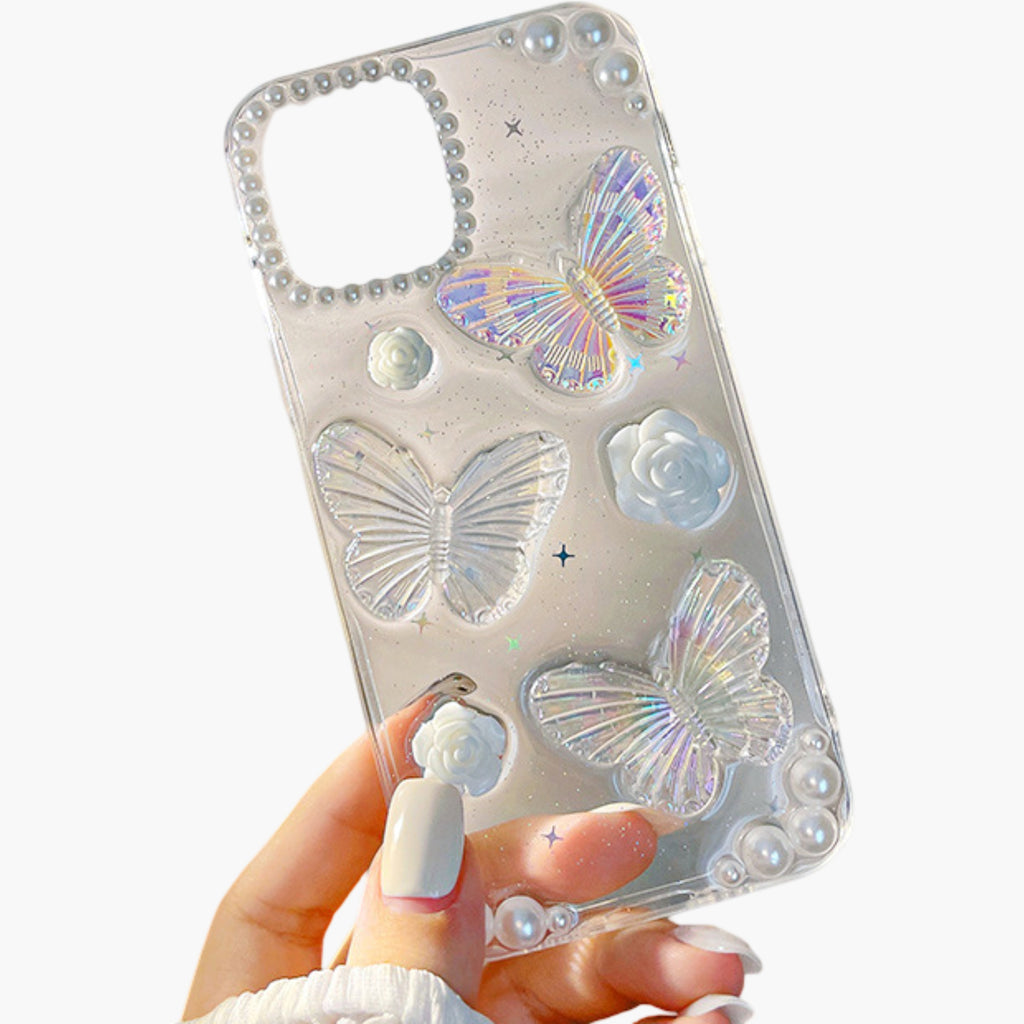 Anna-Kaci Pearl Butterfly Phone Case with 3D Floral Embellishment Glitter Design Protective Cover