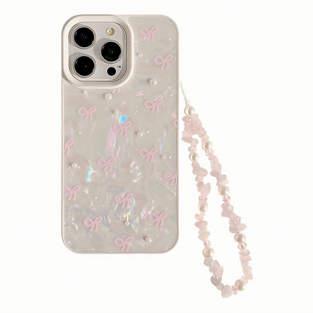 Anna-Kaci Iridescent Phone Case with Bow Pattern and Beaded Wrist Strap Pearl Detail Protective Cover