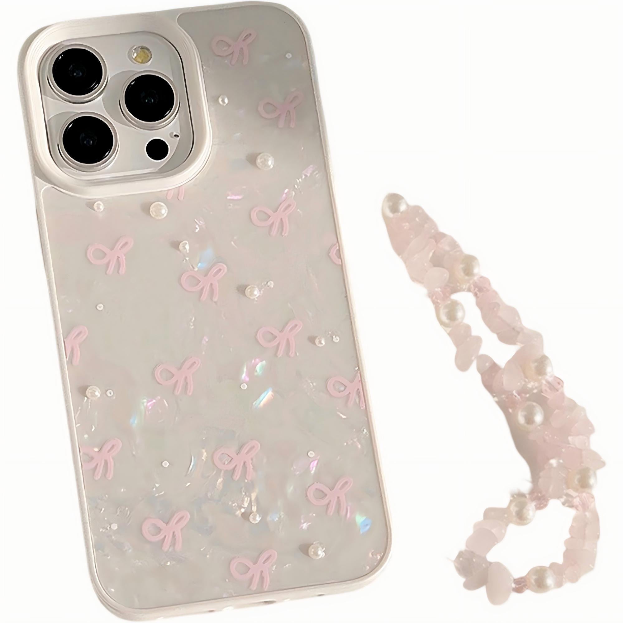 Anna-Kaci Iridescent Phone Case with Bow Pattern and Beaded Wrist Strap Pearl Detail Protective Cover