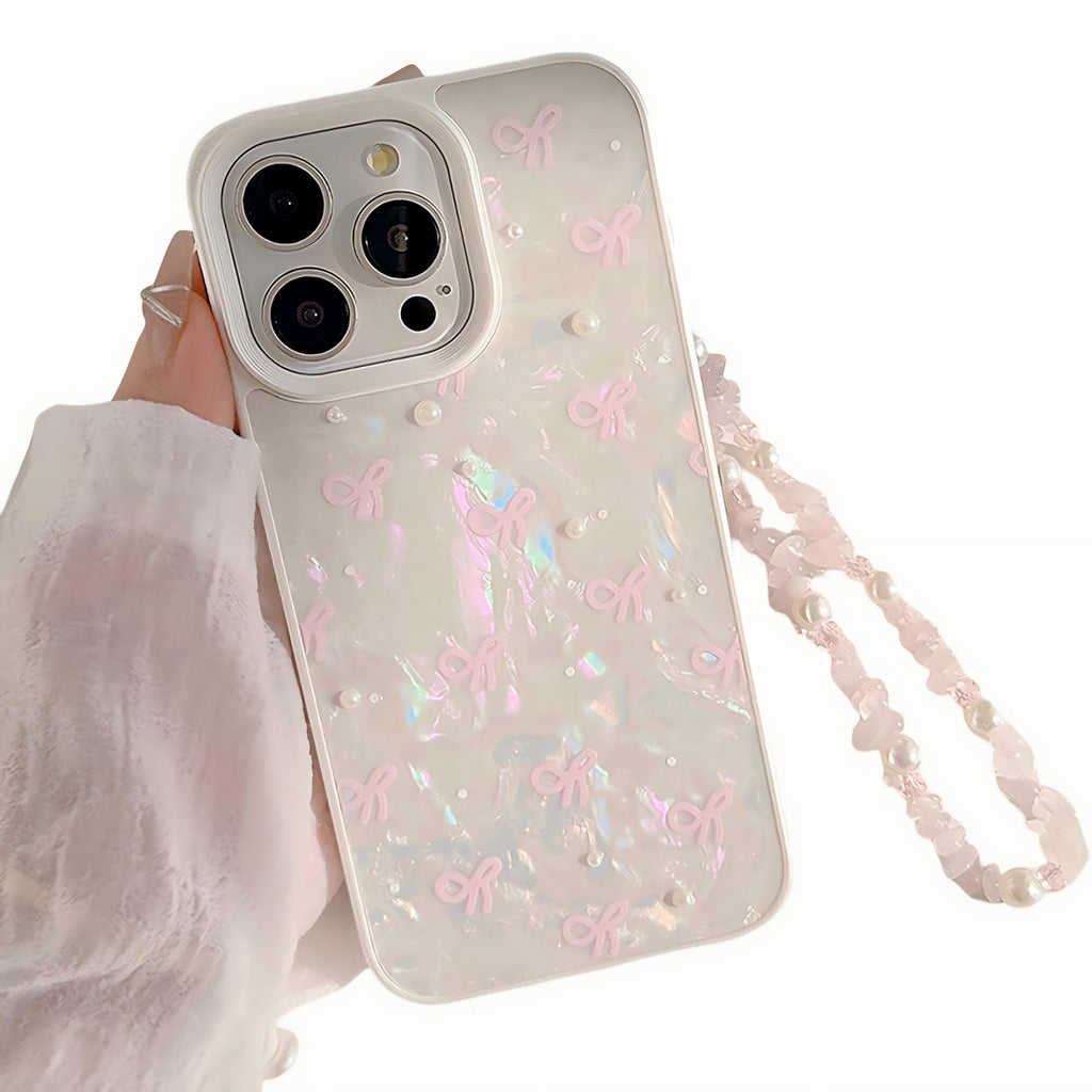 Anna-Kaci Iridescent Phone Case with Bow Pattern and Beaded Wrist Strap Pearl Detail Protective Cover