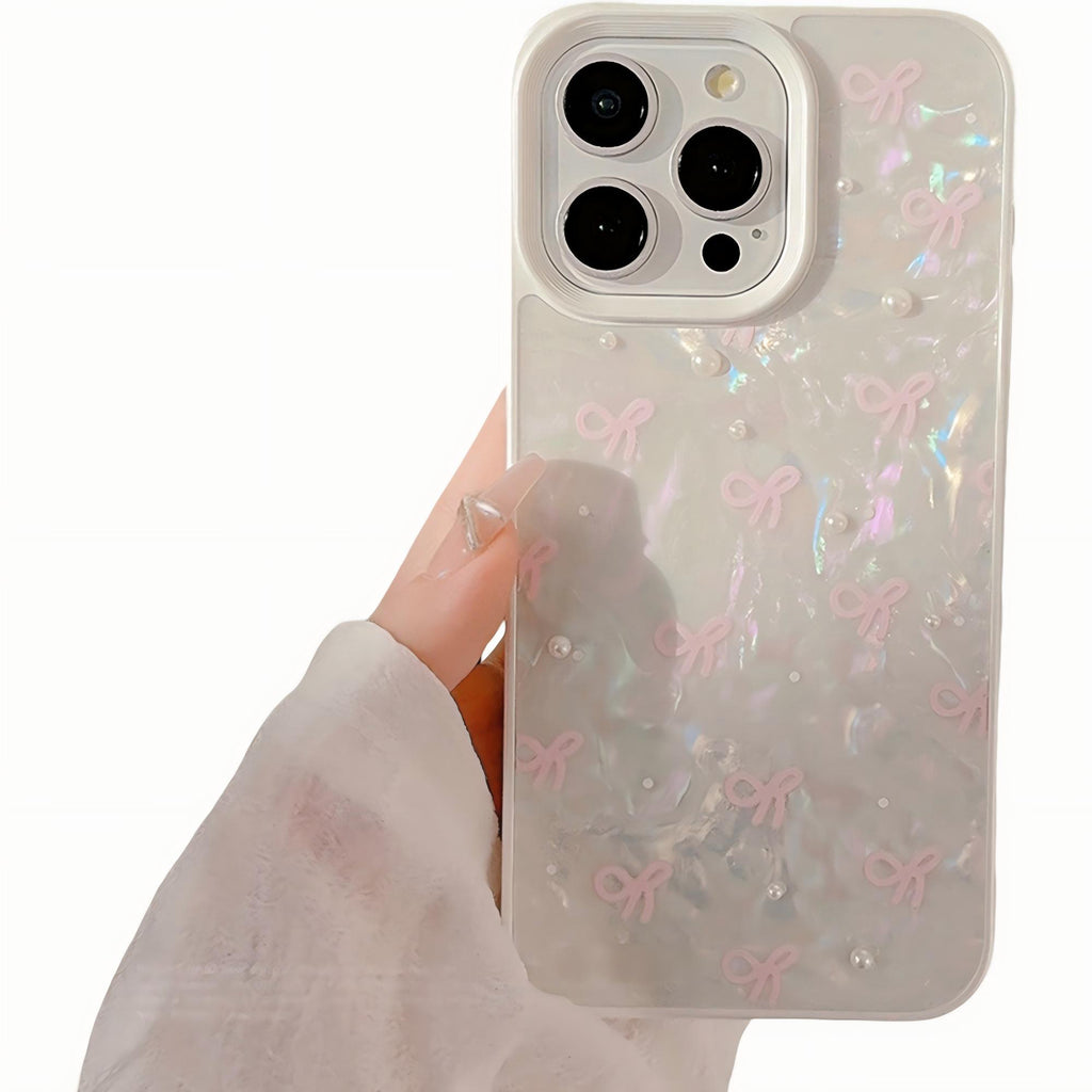 Anna-Kaci Iridescent Phone Case with Bow Pattern and Beaded Wrist Strap Pearl Detail Protective Cover