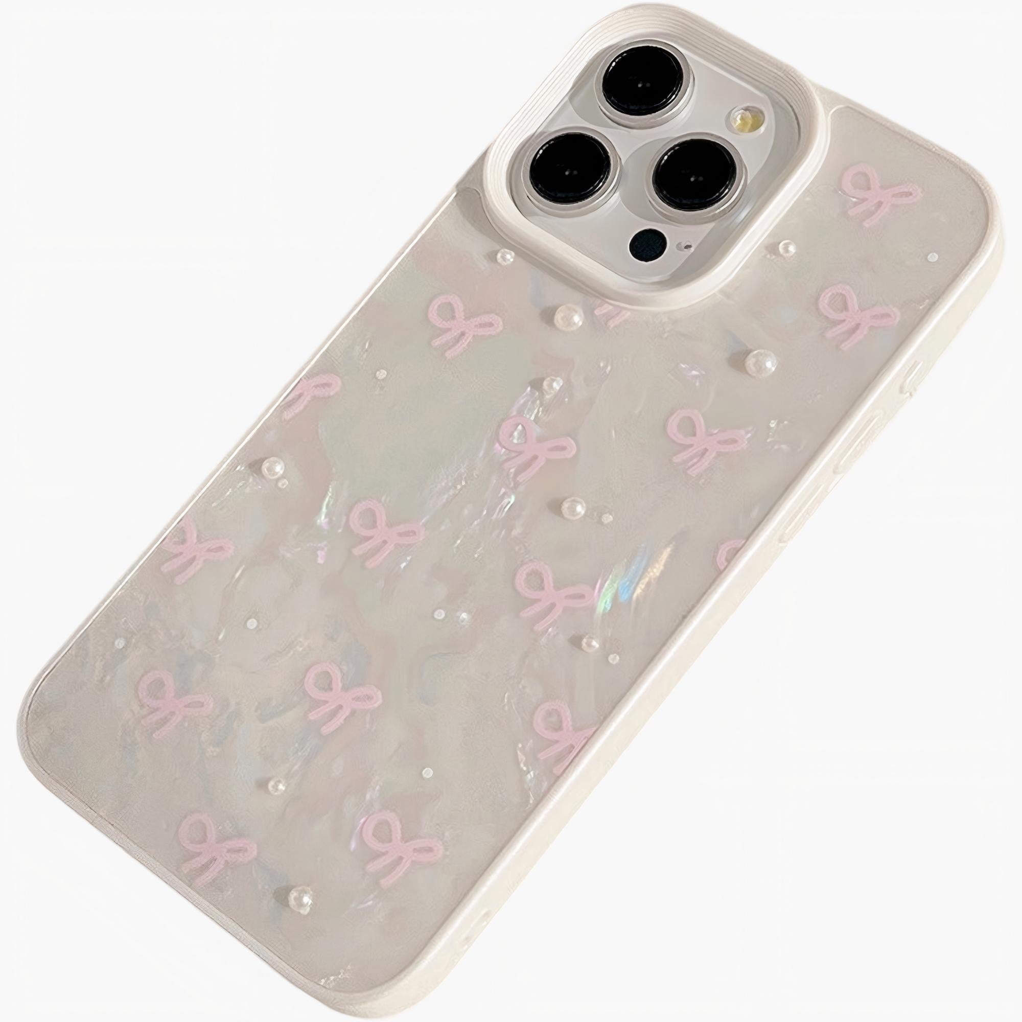 Anna-Kaci Iridescent Phone Case with Bow Pattern and Beaded Wrist Strap Pearl Detail Protective Cover