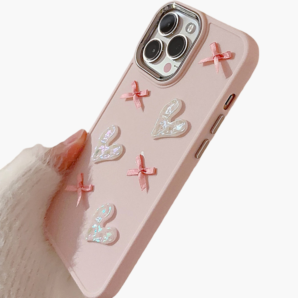 Anna-Kaci Heart and Bow Phone Case with Glossy Embellished Design Cute Protective Cover