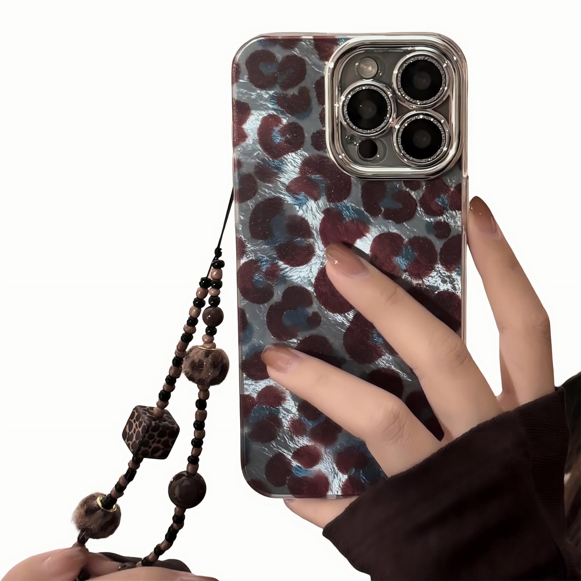 Anna-Kaci Leopard Pattern Phone Case with Beaded Strap Glossy Protective Cover