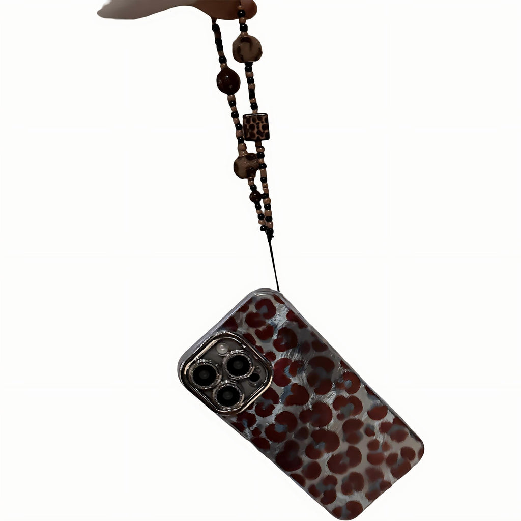 Anna-Kaci Leopard Pattern Phone Case with Beaded Strap Glossy Protective Cover