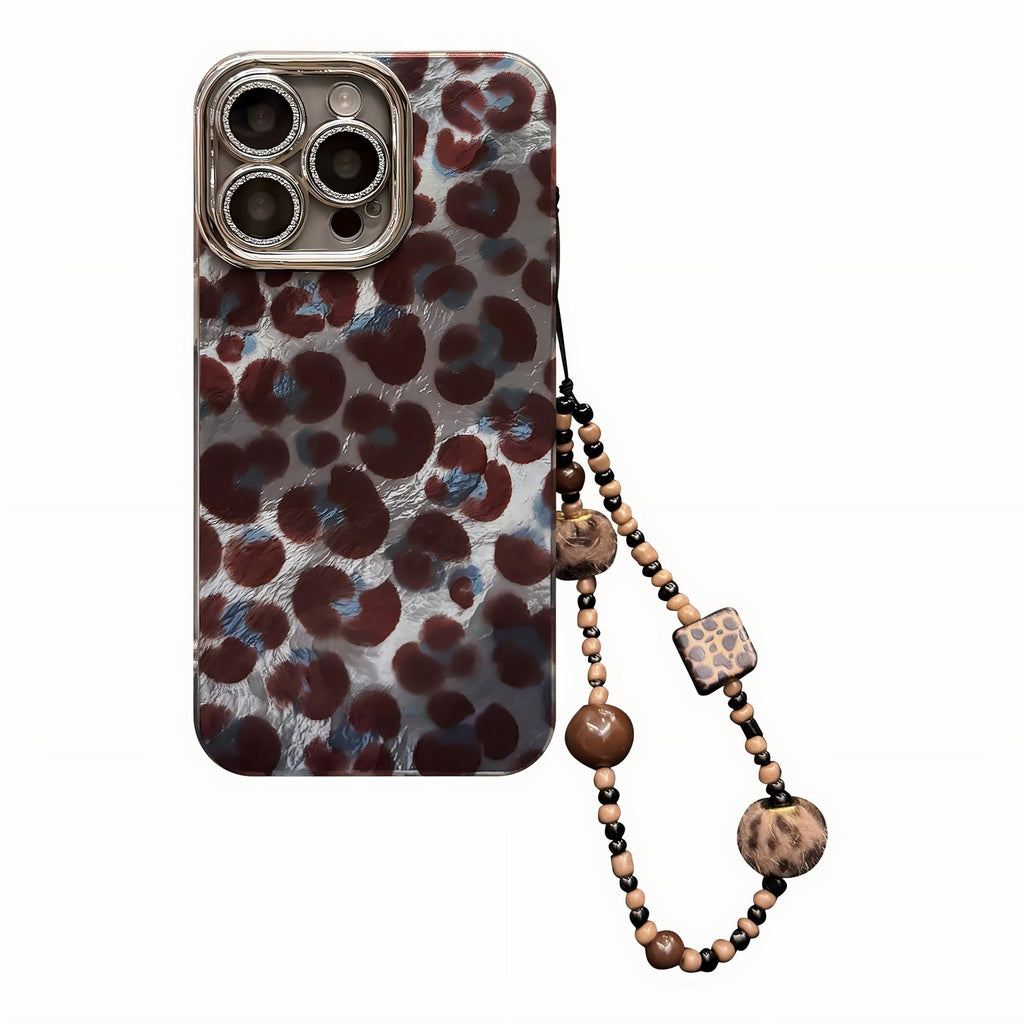 Anna-Kaci Leopard Pattern Phone Case with Beaded Strap Glossy Protective Cover