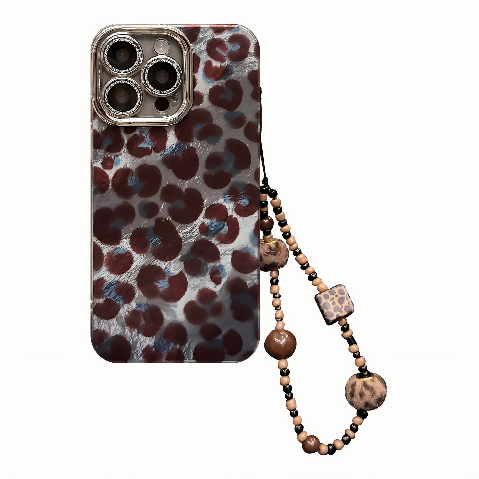 Anna-Kaci Leopard Pattern Phone Case with Beaded Strap Glossy Protective Cover
