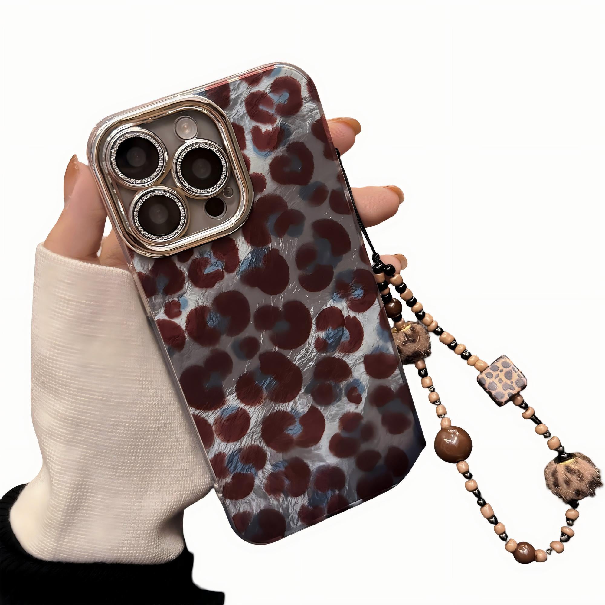 Anna-Kaci Leopard Pattern Phone Case with Beaded Strap Glossy Protective Cover