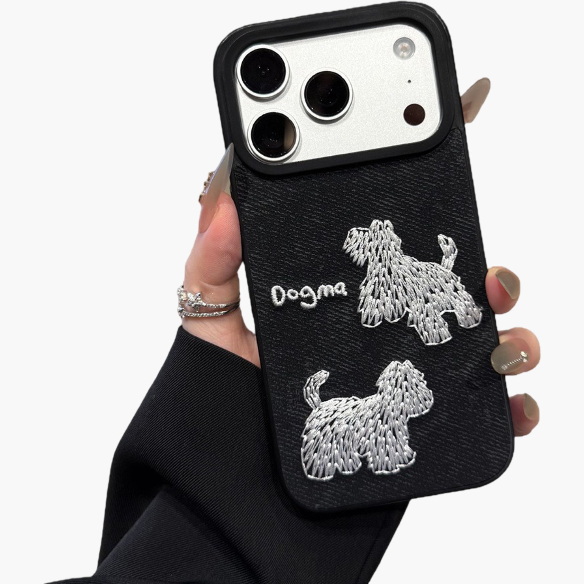 Anna-Kaci Embroidered Dog Pattern Phone Case Textured Fabric Protective Cover Shock Resistant Design