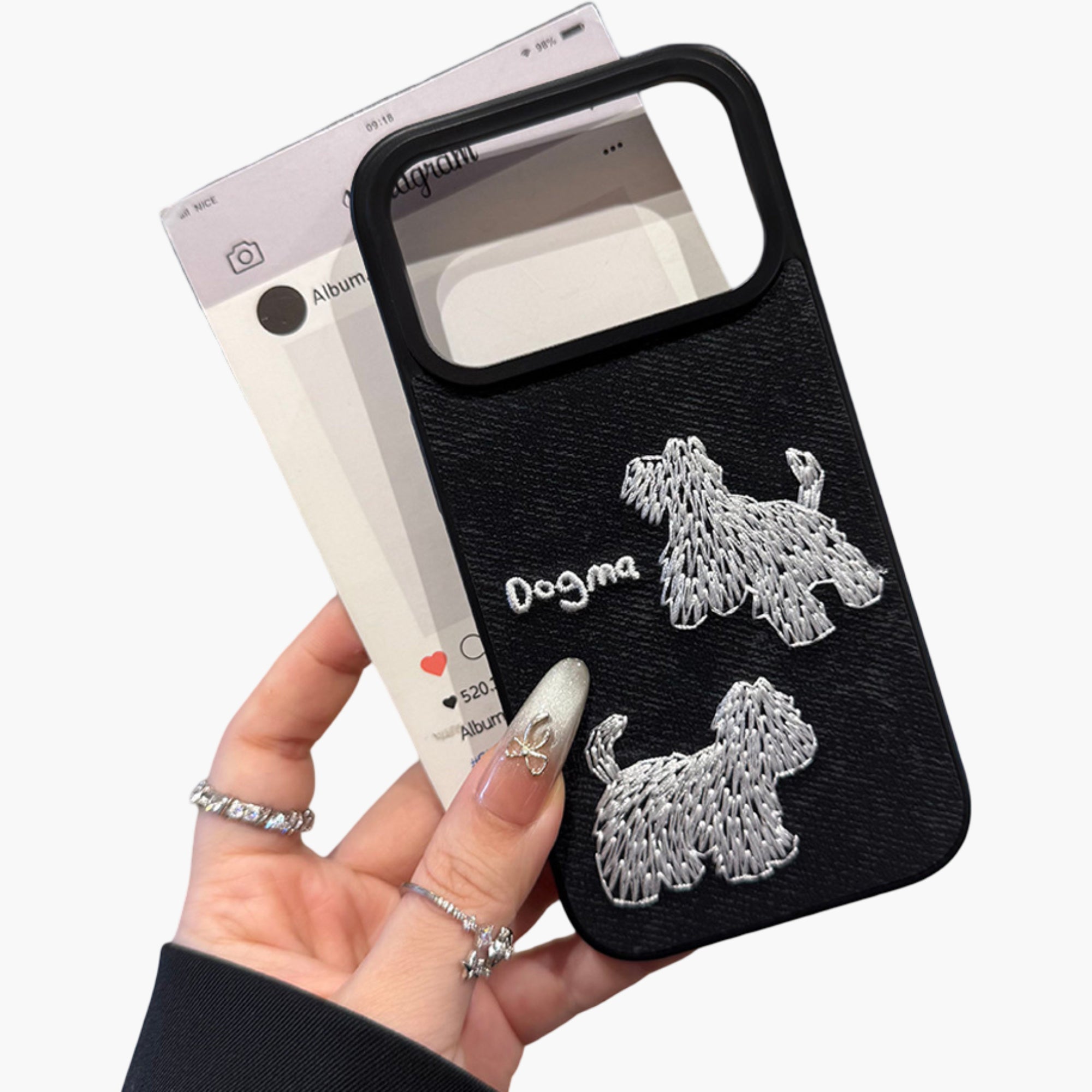Anna-Kaci Embroidered Dog Pattern Phone Case Textured Fabric Protective Cover Shock Resistant Design