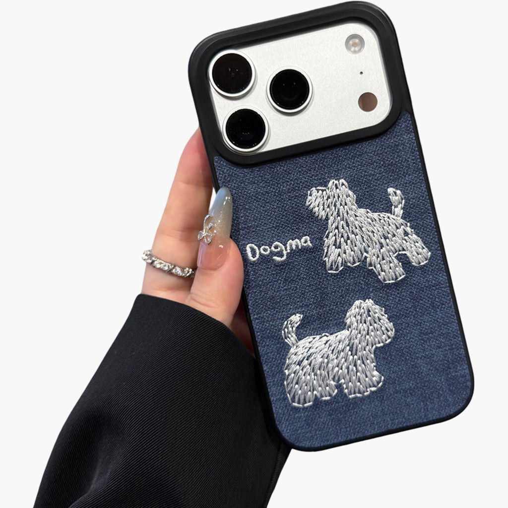 Anna-Kaci Embroidered Dog Pattern Phone Case Textured Fabric Protective Cover Shock Resistant Design