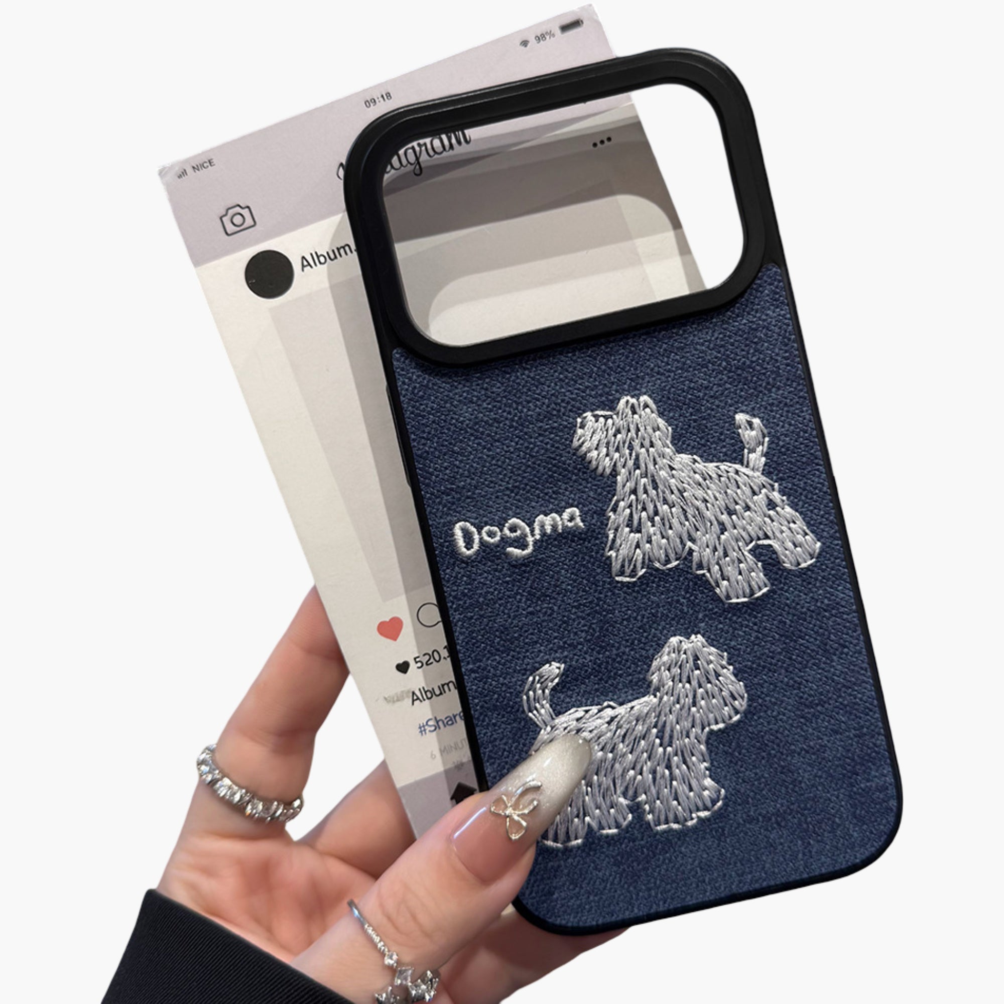 Anna-Kaci Embroidered Dog Pattern Phone Case Textured Fabric Protective Cover Shock Resistant Design