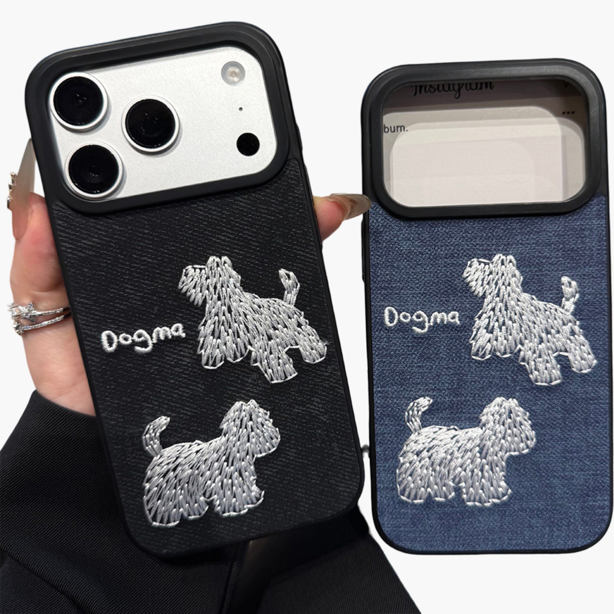 Anna-Kaci Embroidered Dog Pattern Phone Case Textured Fabric Protective Cover Shock Resistant Design