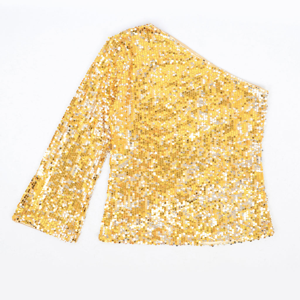 Anna-Kaci Women's One-Shoulder Sequin Top-Long Sleeve Party Blouse