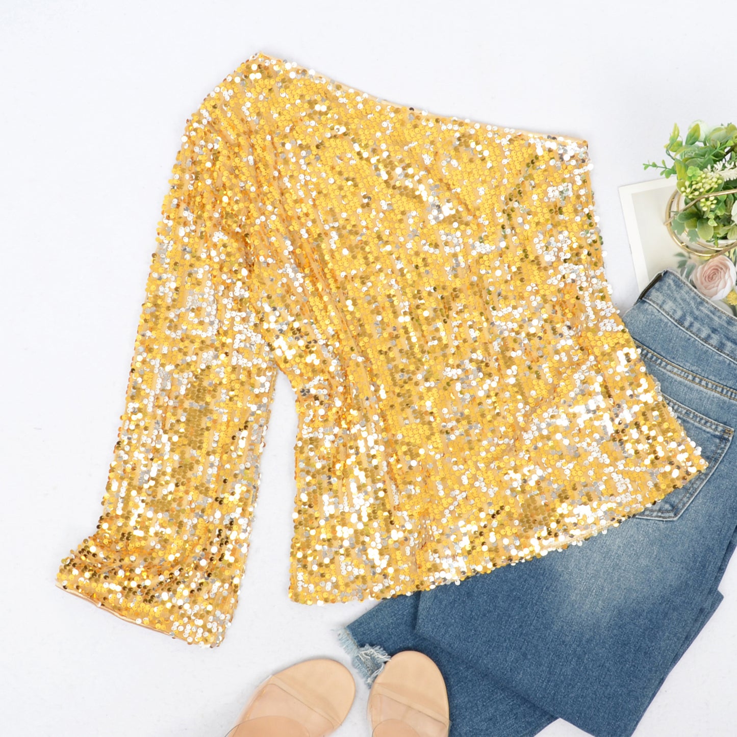 Anna-Kaci Women's One-Shoulder Sequin Top-Long Sleeve Party Blouse