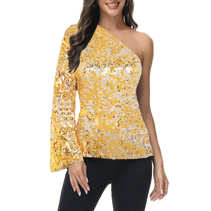 Anna-Kaci Women's One-Shoulder Sequin Top-Long Sleeve Party Blouse