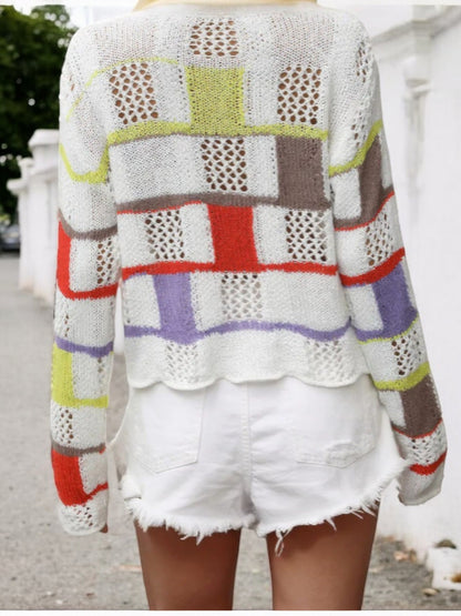 Anna-Kaci Women's Patchwork Knit Sweater with Colorful Geometric Design and Cropped Hem