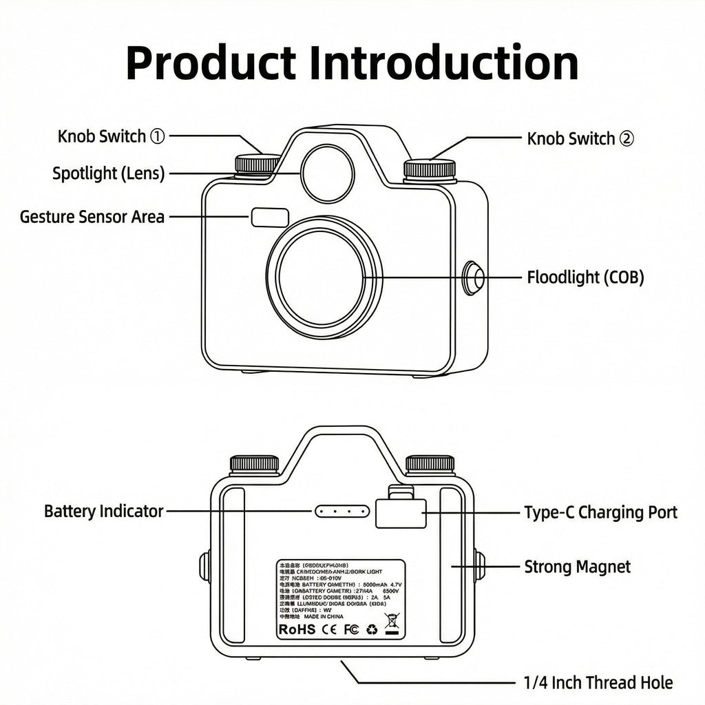 Anna-Kaci Retro Camera Style Rechargeable LED Light with Adjustable Brightness and Multiple Light Modes