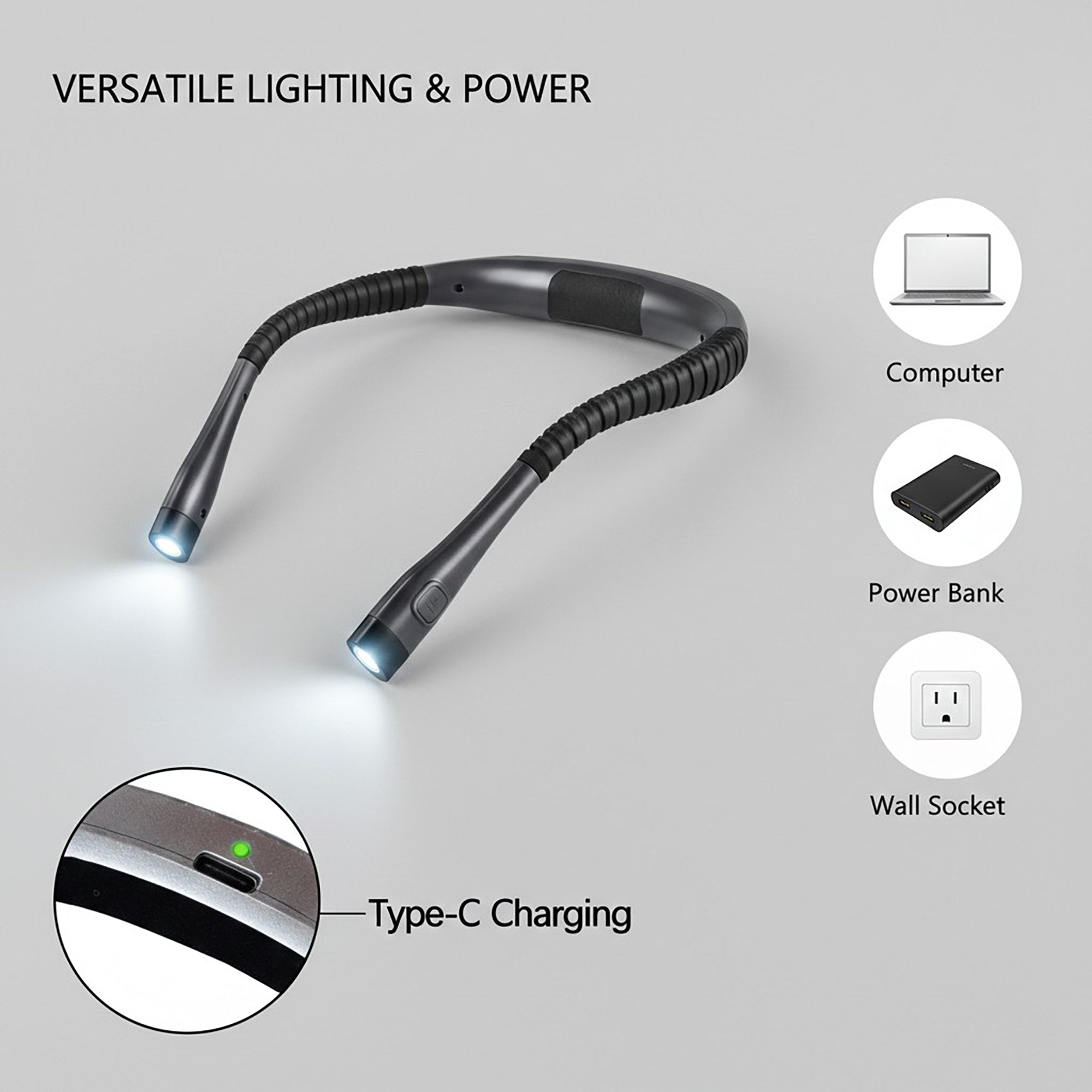 Anna-Kaci Wearable Neck Reading Light with Dual Adjustable LED Arms and Hands-Free Flexible Design