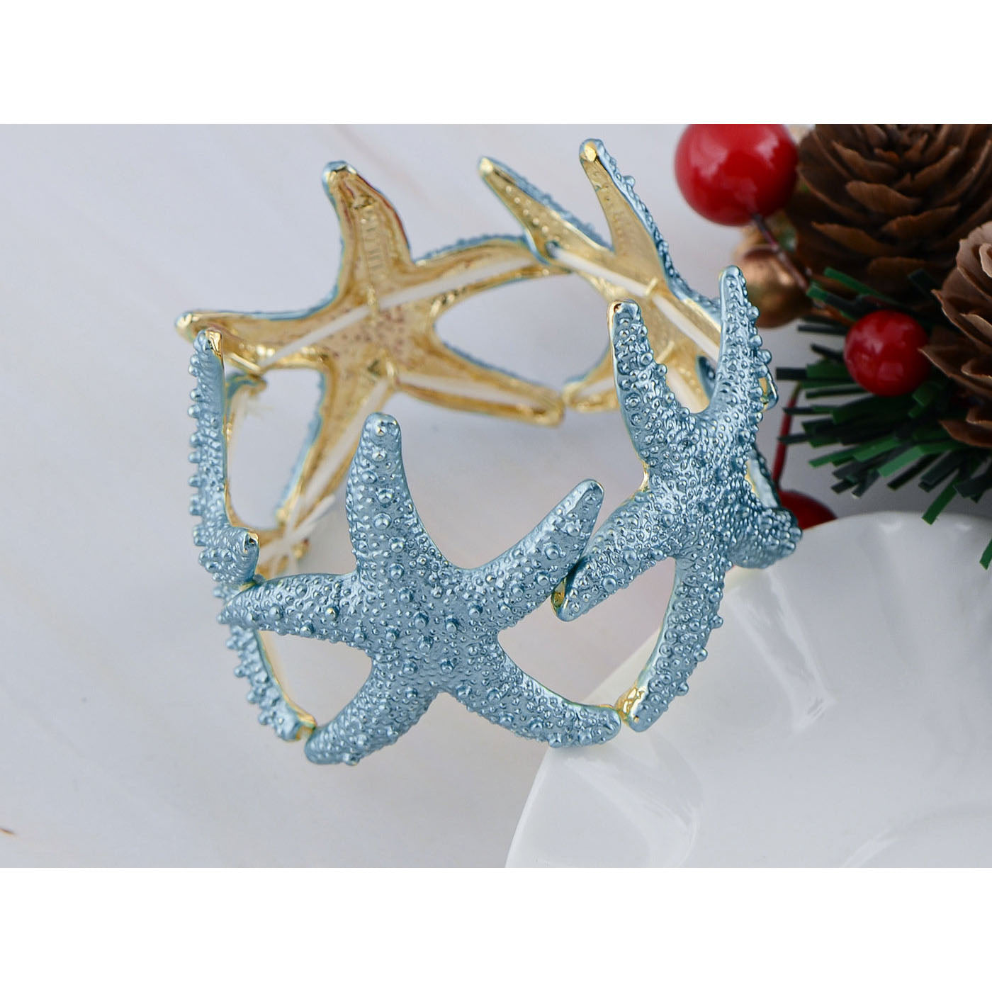 Anna-Kaci Women's Starfish Design Elastic Cuff Ring Bracelet Summer Beach Inspired Jewelry