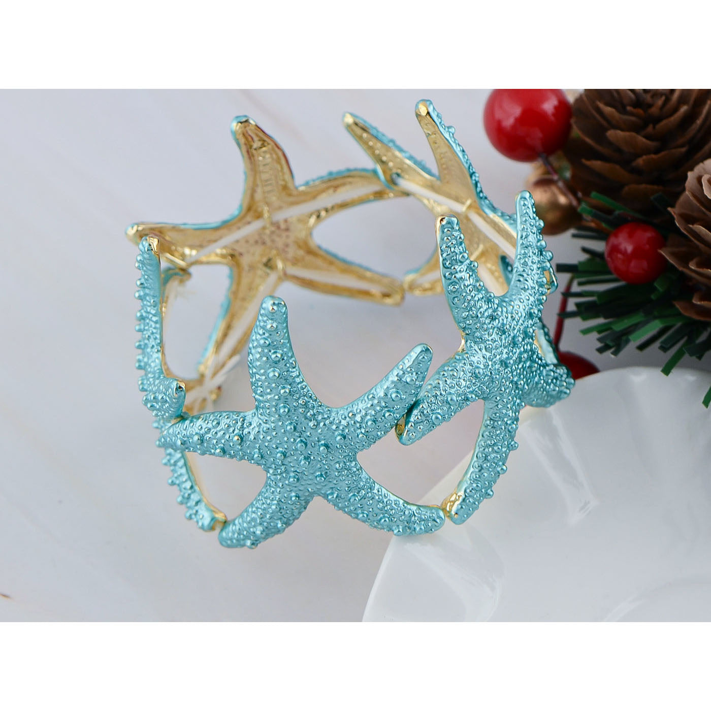 Anna-Kaci Women's Starfish Design Elastic Cuff Ring Bracelet Summer Beach Inspired Jewelry